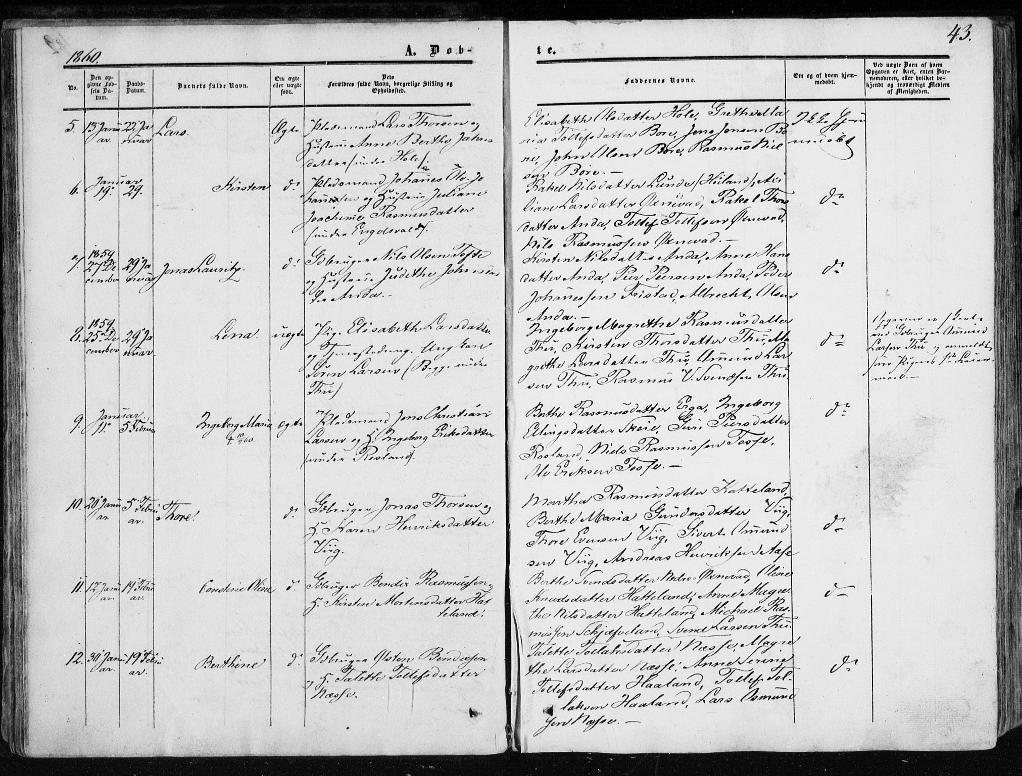 Klepp sokneprestkontor, AV/SAST-A-101803/001/3/30BA/L0005: Parish register (official) no. A 5, 1853-1870, p. 43