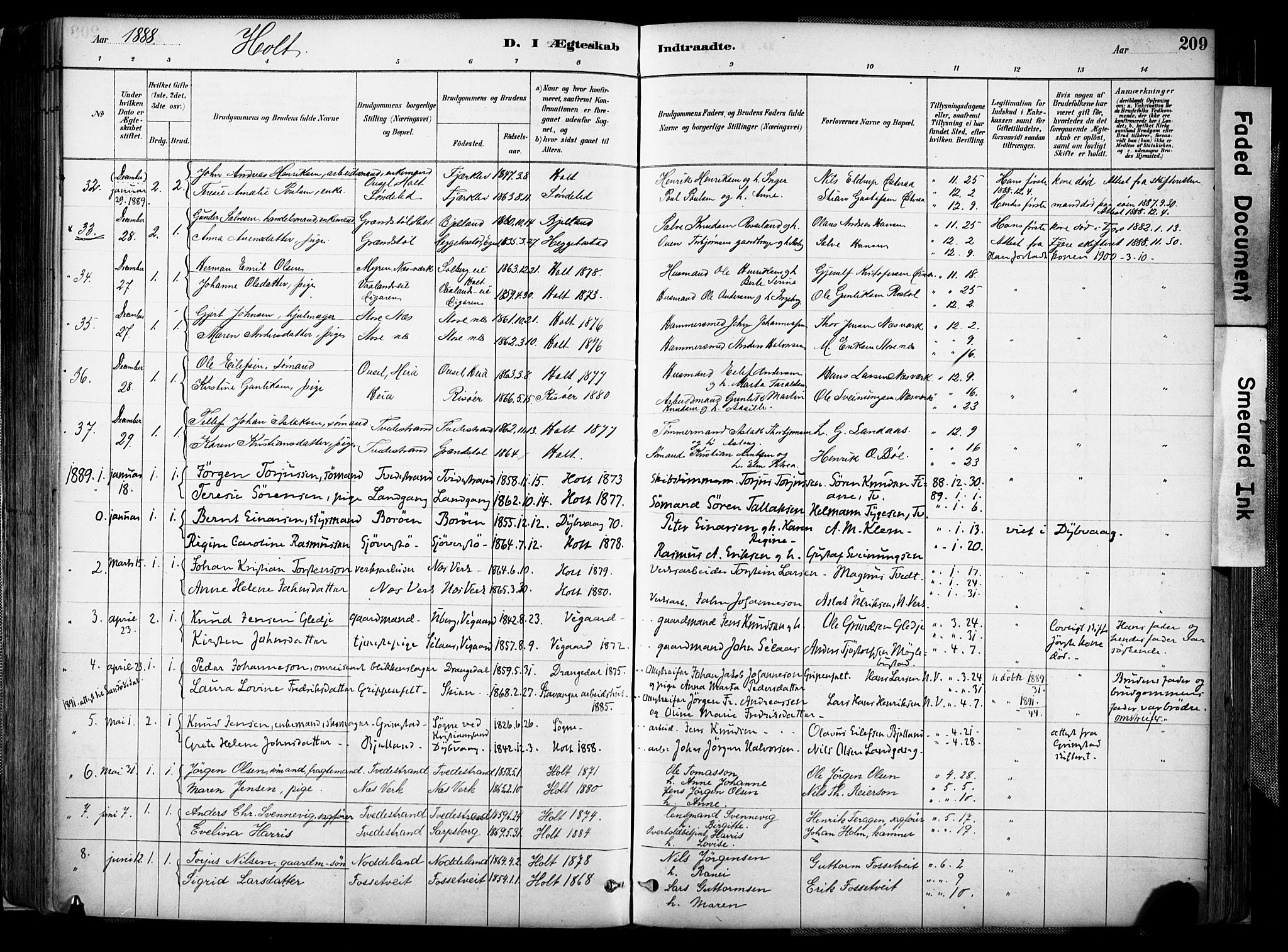 Holt sokneprestkontor, AV/SAK-1111-0021/F/Fa/L0012: Parish register (official) no. A 12, 1885-1907, p. 209