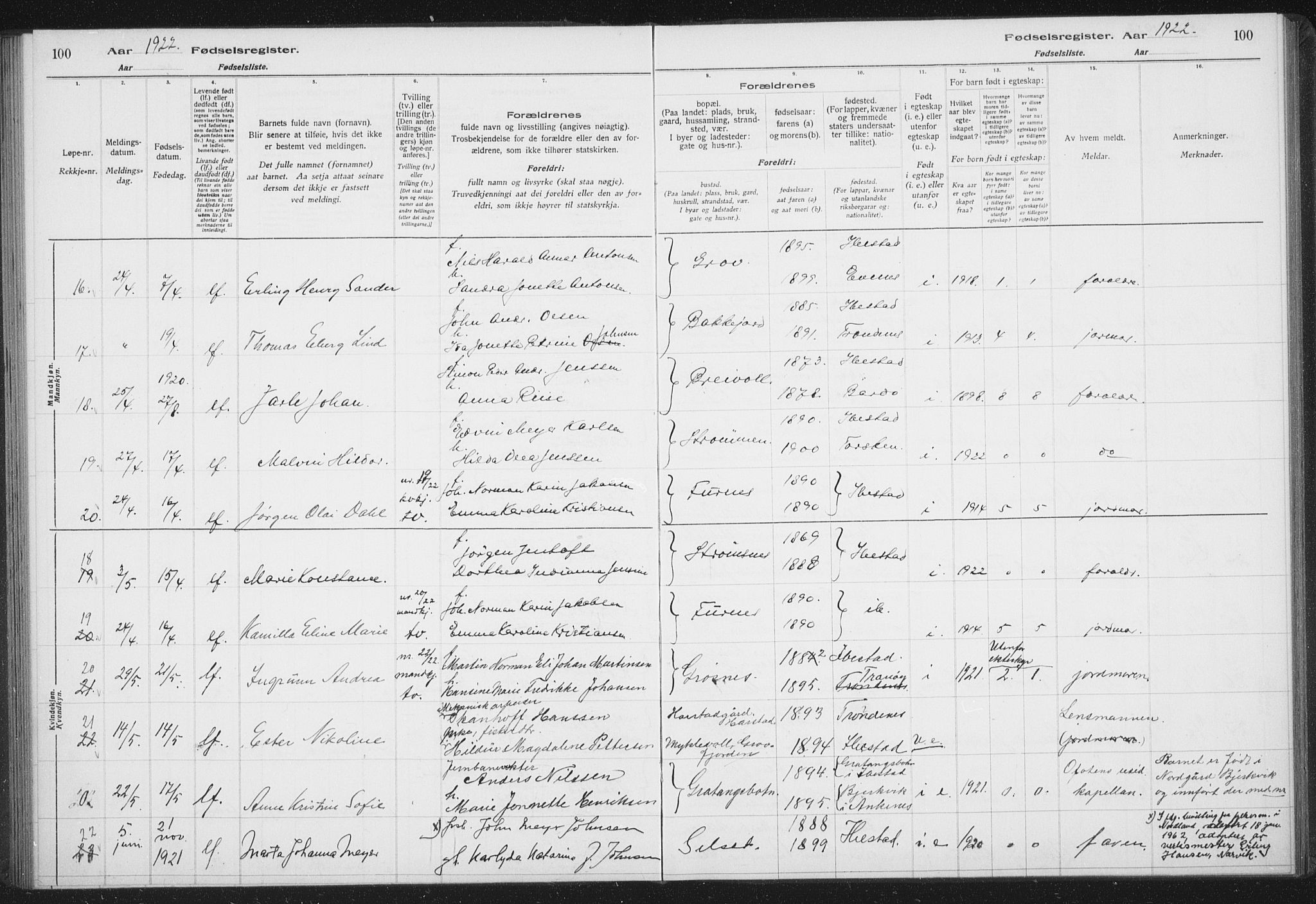 Ibestad sokneprestembete, AV/SATØ-S-0077/I/Ic/L0061: Birth register no. 61, 1917-1929, p. 100