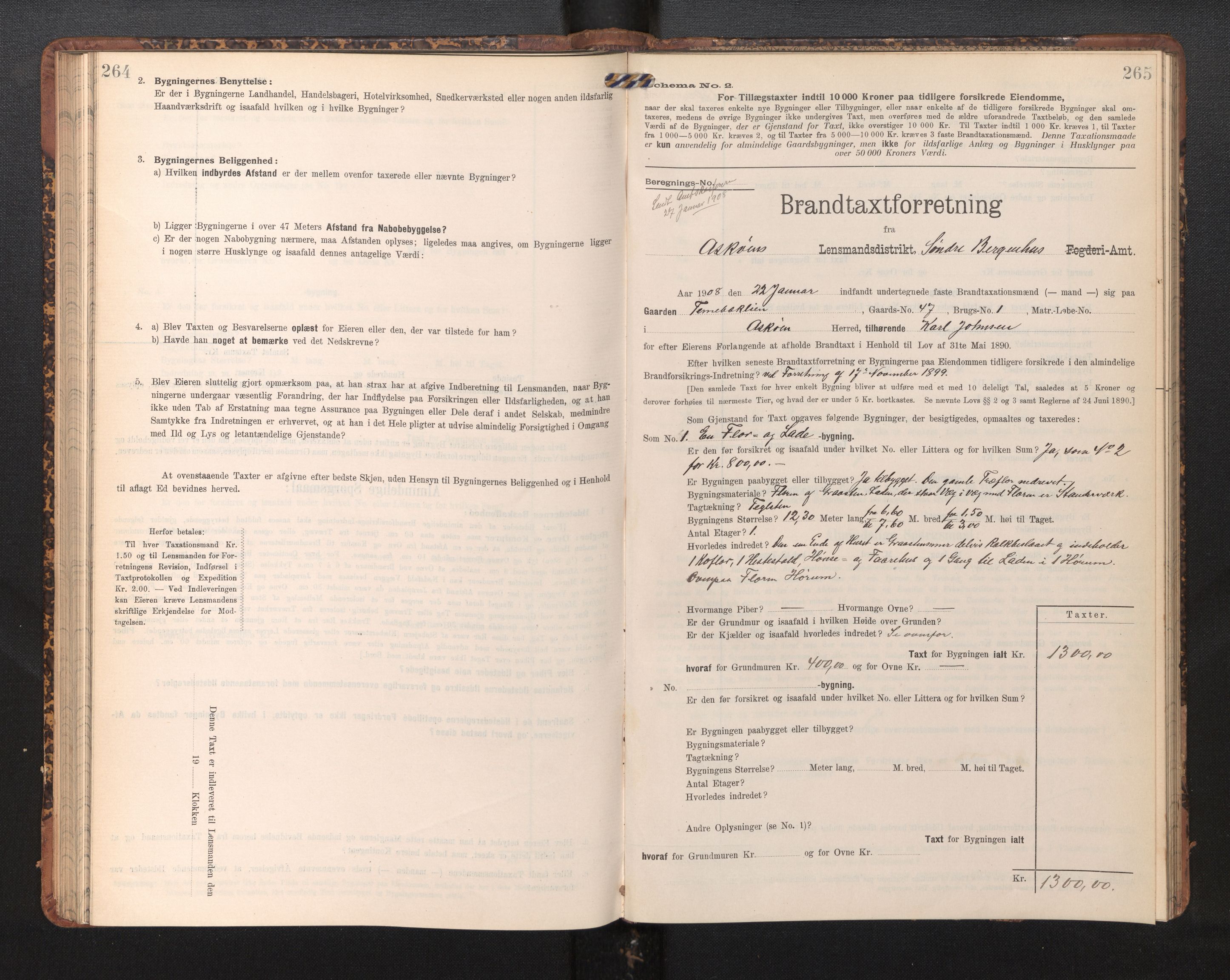 Lensmannen i Askøy, AV/SAB-A-31001/0012/L0006: Branntakstprotokoll, skjematakst, Laksevåg, 1907-1917, p. 264-265