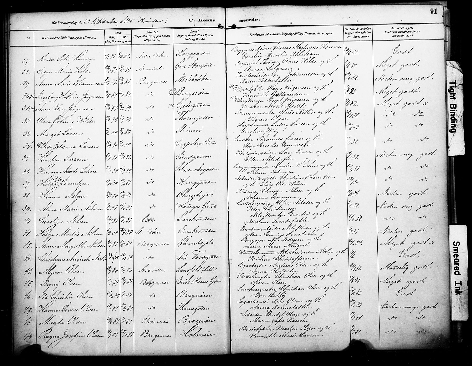 Bragernes kirkebøker, SAKO/A-6/F/Fc/L0006: Parish register (official) no. III 6, 1888-1899, p. 91