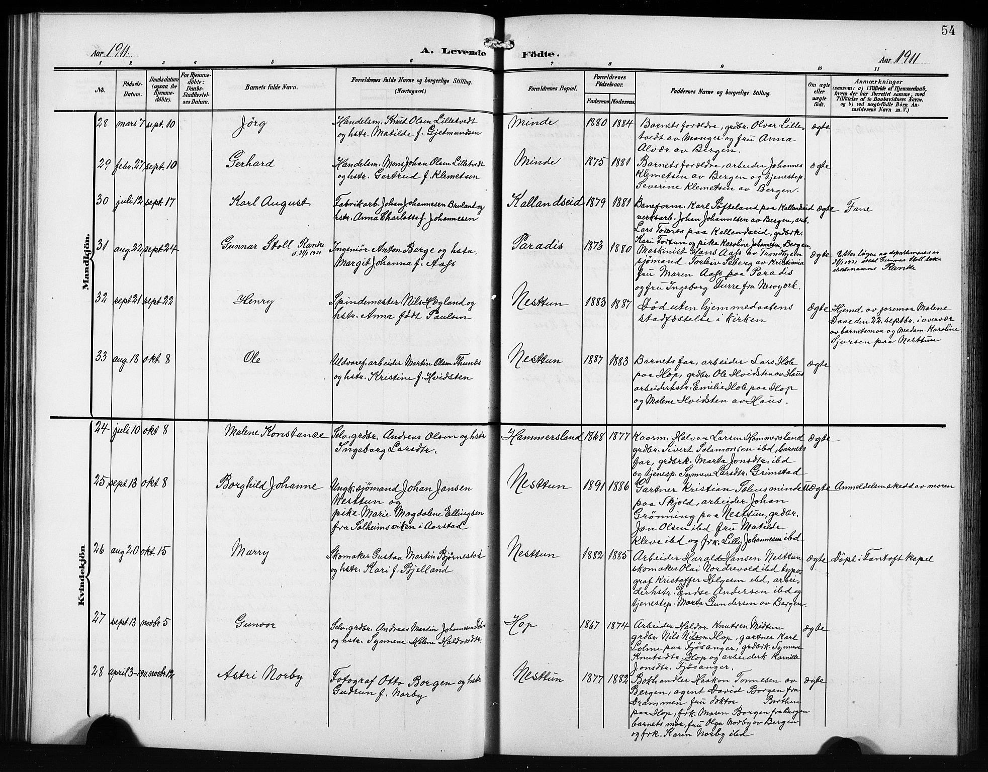 Birkeland Sokneprestembete, AV/SAB-A-74601/H/Hab: Parish register (copy) no. A 6, 1906-1915, p. 54