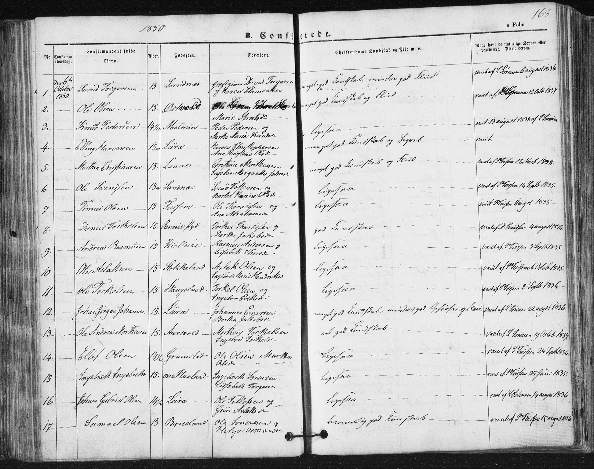 Høyland sokneprestkontor, SAST/A-101799/001/30BA/L0008: Parish register (official) no. A 8, 1841-1856, p. 168