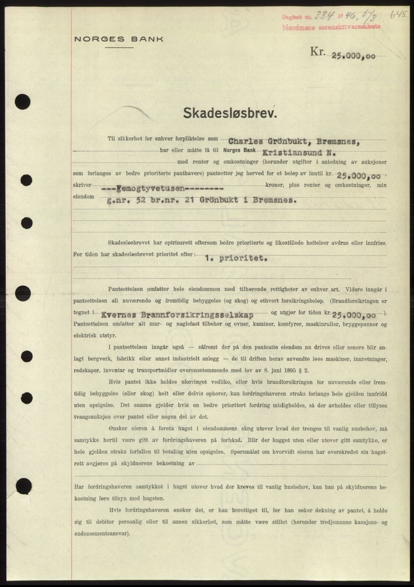 Nordmøre sorenskriveri, AV/SAT-A-4132/1/2/2Ca: Mortgage book no. B93b, 1946-1946, Diary no: : 334/1946