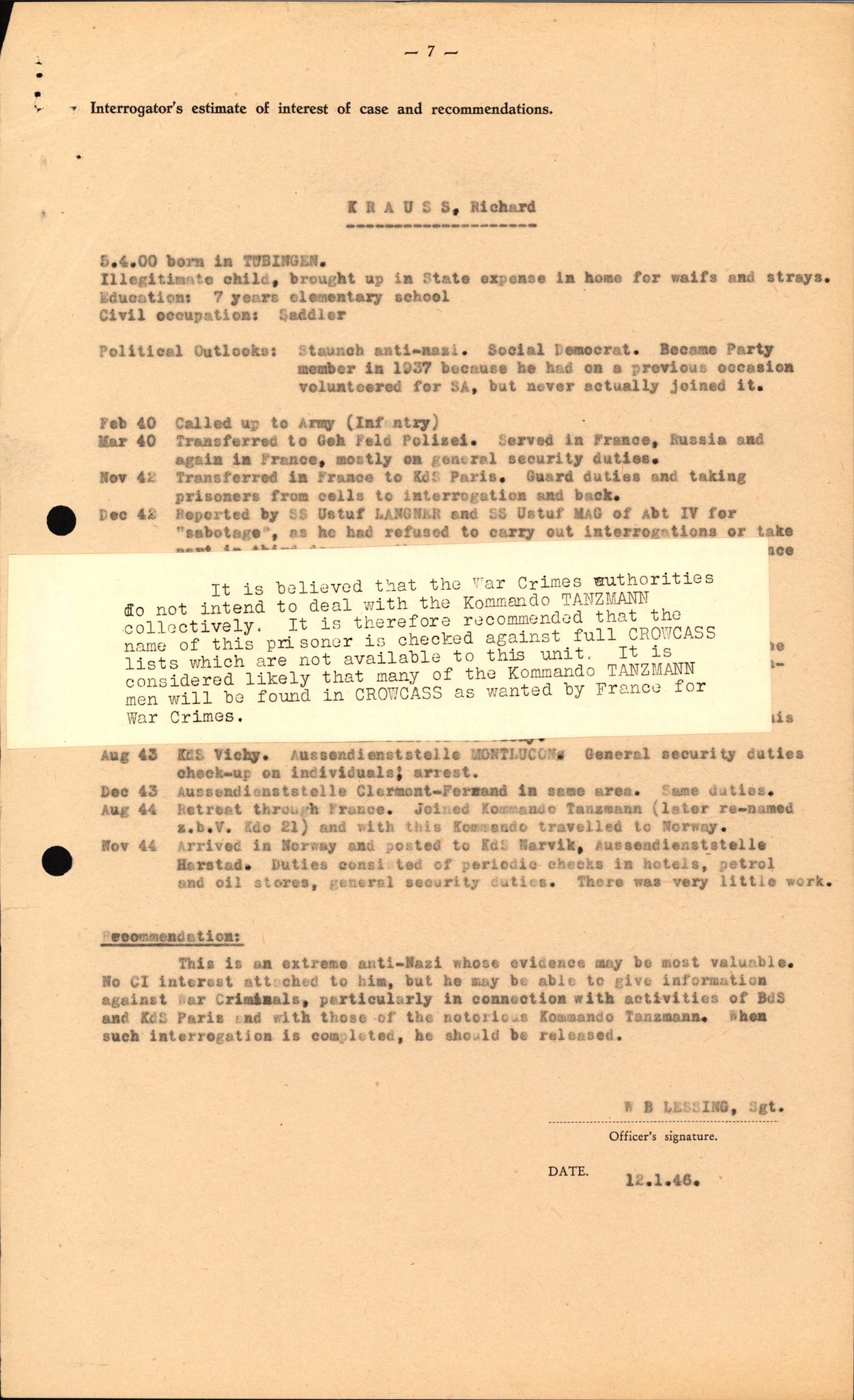 Forsvaret, Forsvarets overkommando II, AV/RA-RAFA-3915/D/Db/L0018: CI Questionaires. Tyske okkupasjonsstyrker i Norge. Tyskere., 1945-1946, p. 117