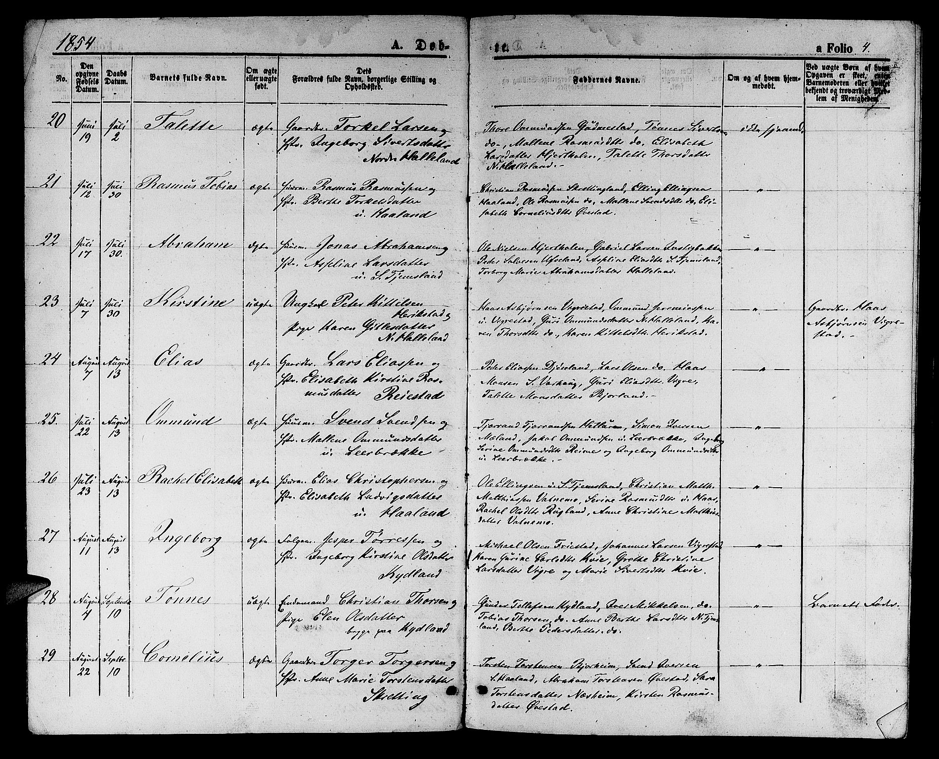 Hå sokneprestkontor, AV/SAST-A-101801/001/30BB/L0002: Parish register (copy) no. B 2, 1854-1883, p. 4