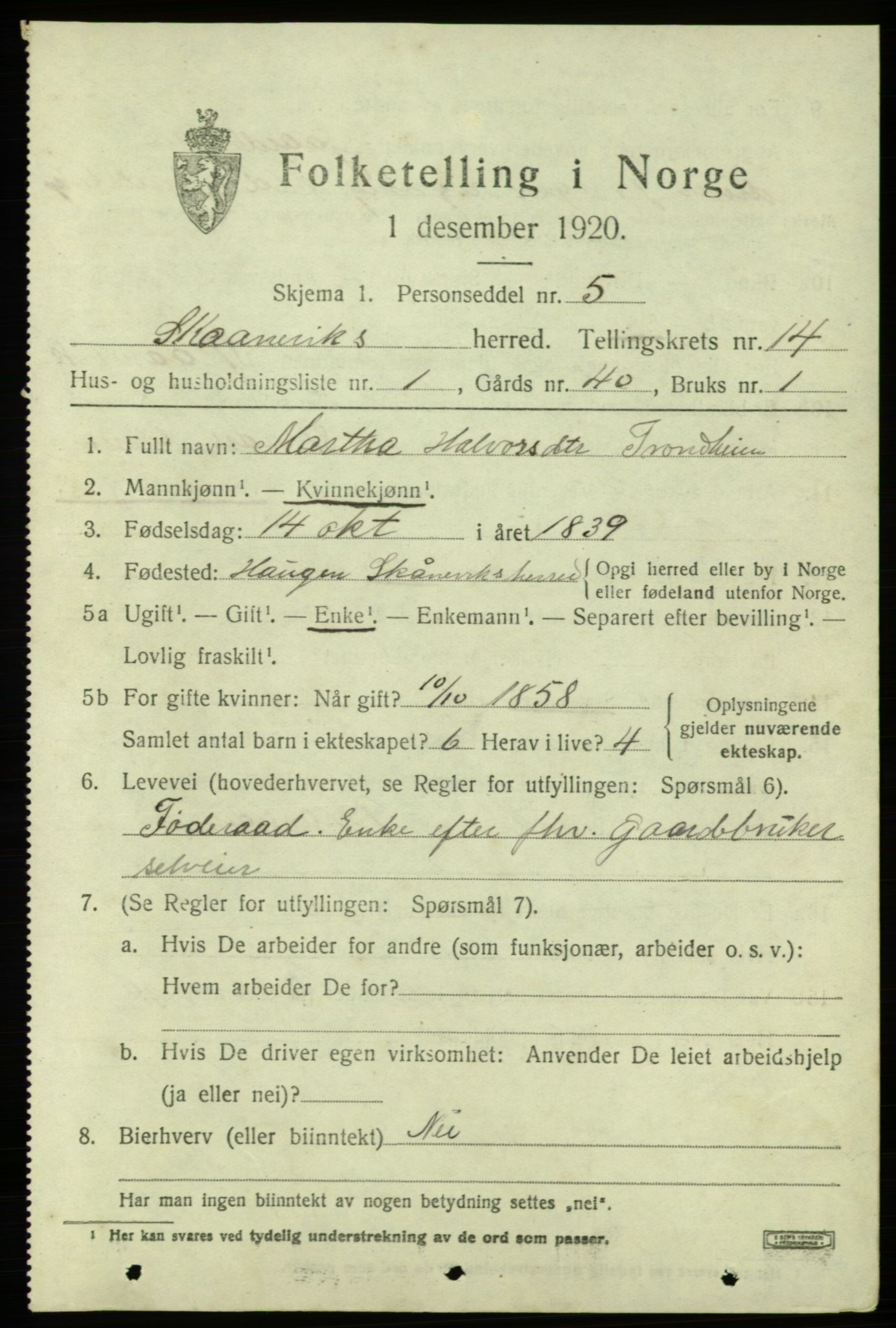 SAB, 1920 census for Skånevik, 1920, p. 6021