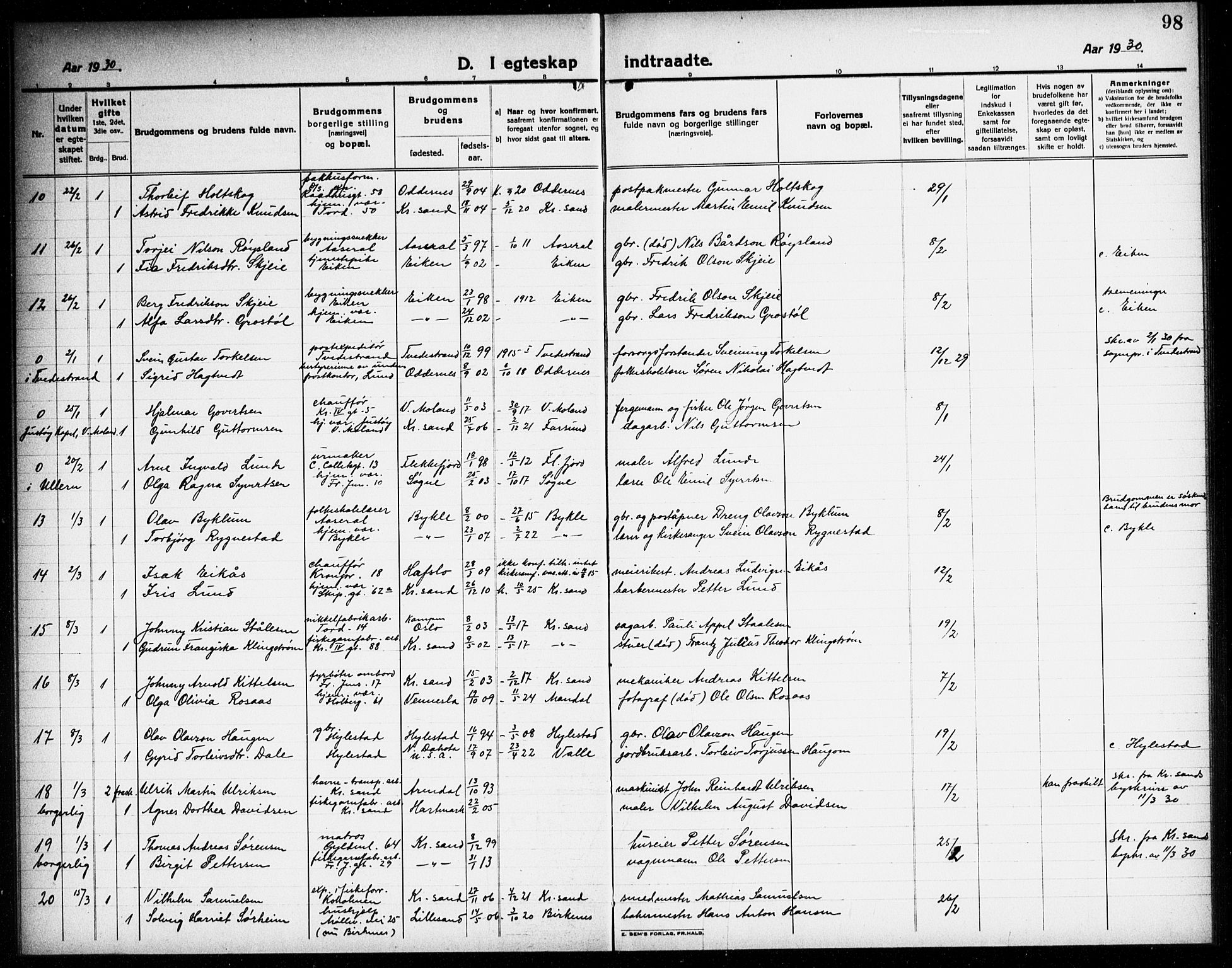 Kristiansand domprosti, AV/SAK-1112-0006/F/Fb/L0023: Parish register (copy) no. B 23, 1921-1937, p. 98