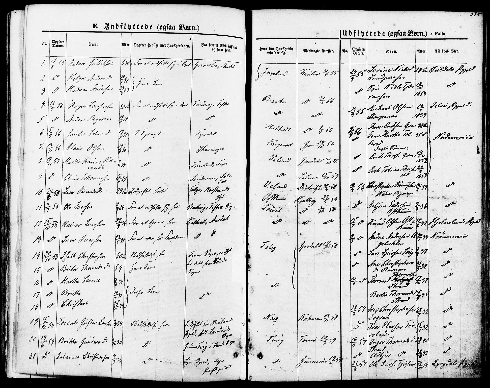 Strand sokneprestkontor, SAST/A-101828/H/Ha/Haa/L0007: Parish register (official) no. A 7, 1855-1881, p. 335
