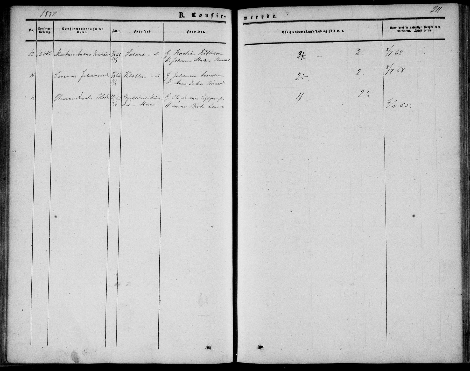 Bakke sokneprestkontor, AV/SAK-1111-0002/F/Fa/Fab/L0002: Parish register (official) no. A 2, 1855-1884, p. 211