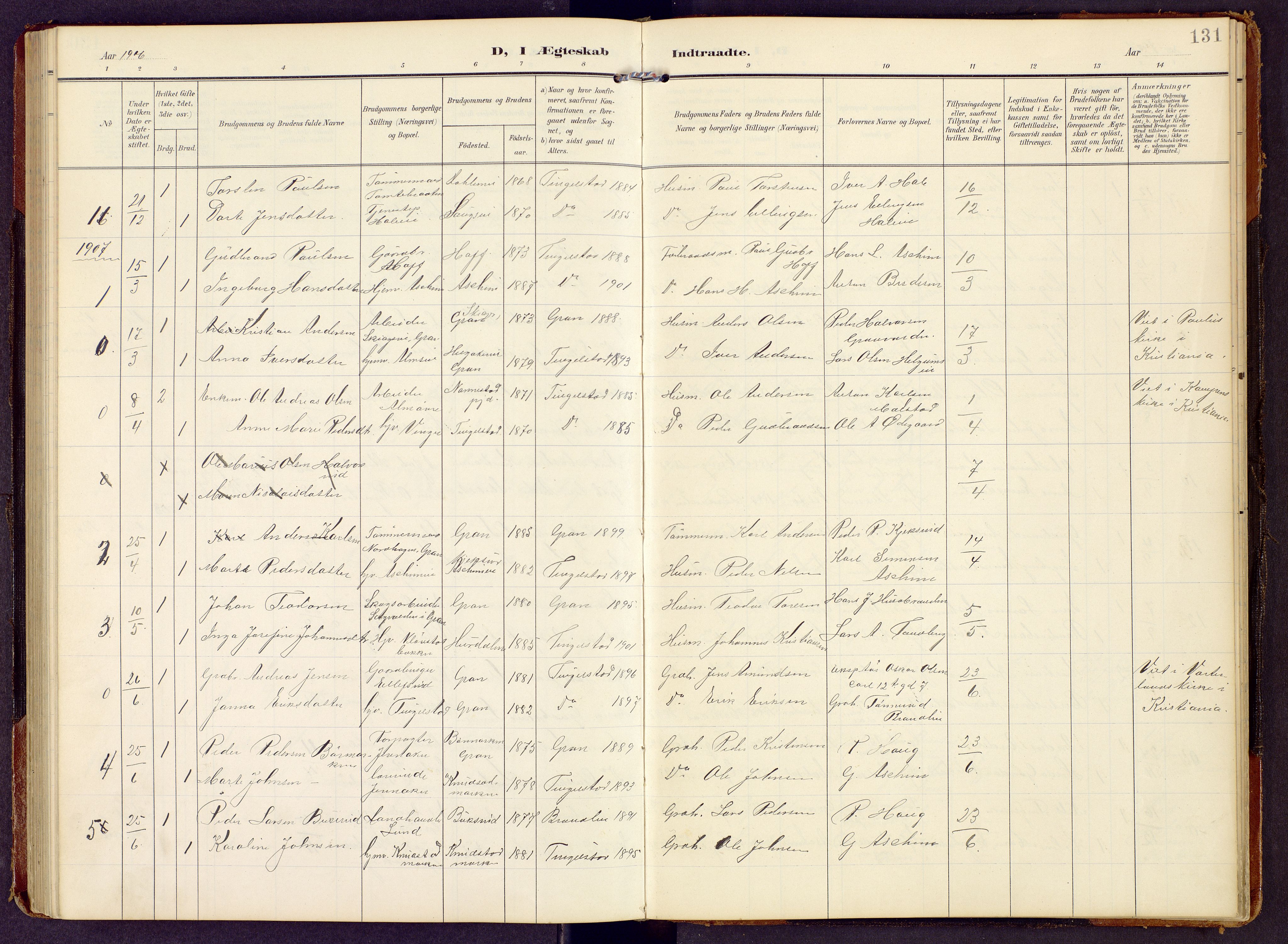 Brandbu prestekontor, SAH/PREST-114/H/Ha/Hab/L0009: Parish register (copy) no. 9, 1903-1916, p. 131
