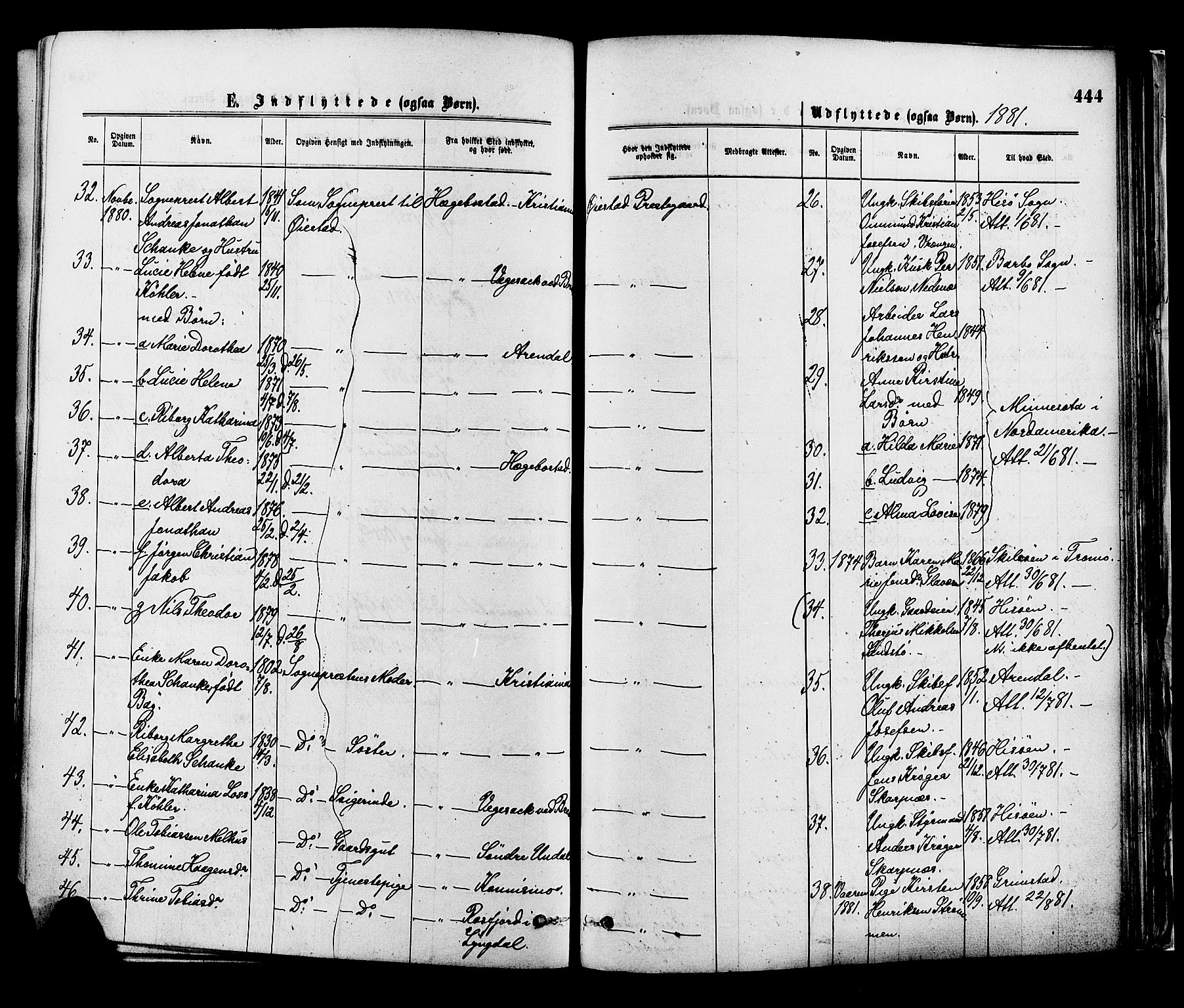 Øyestad sokneprestkontor, AV/SAK-1111-0049/F/Fa/L0016: Parish register (official) no. A 16, 1874-1886, p. 444