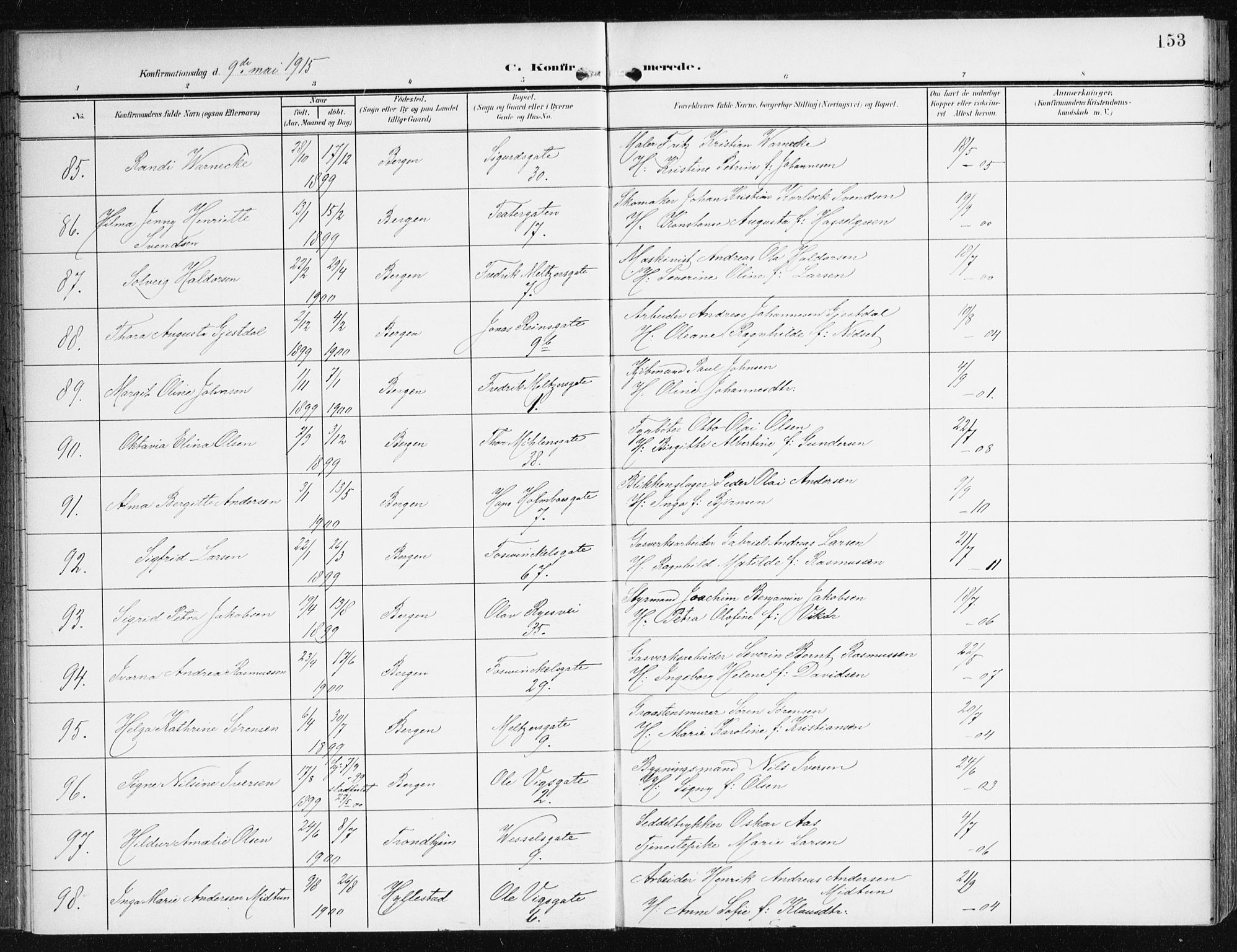 Johanneskirken sokneprestembete, AV/SAB-A-76001/H/Haa/L0009: Parish register (official) no. C 2, 1907-1924, p. 153