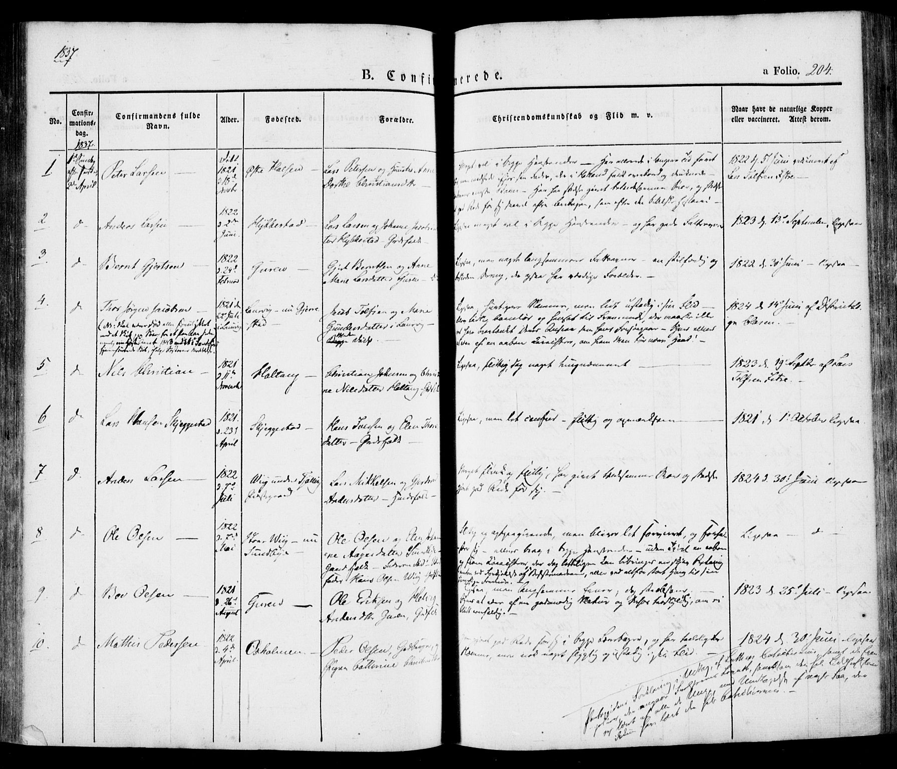 Tjølling kirkebøker, SAKO/A-60/F/Fa/L0006: Parish register (official) no. 6, 1835-1859, p. 204