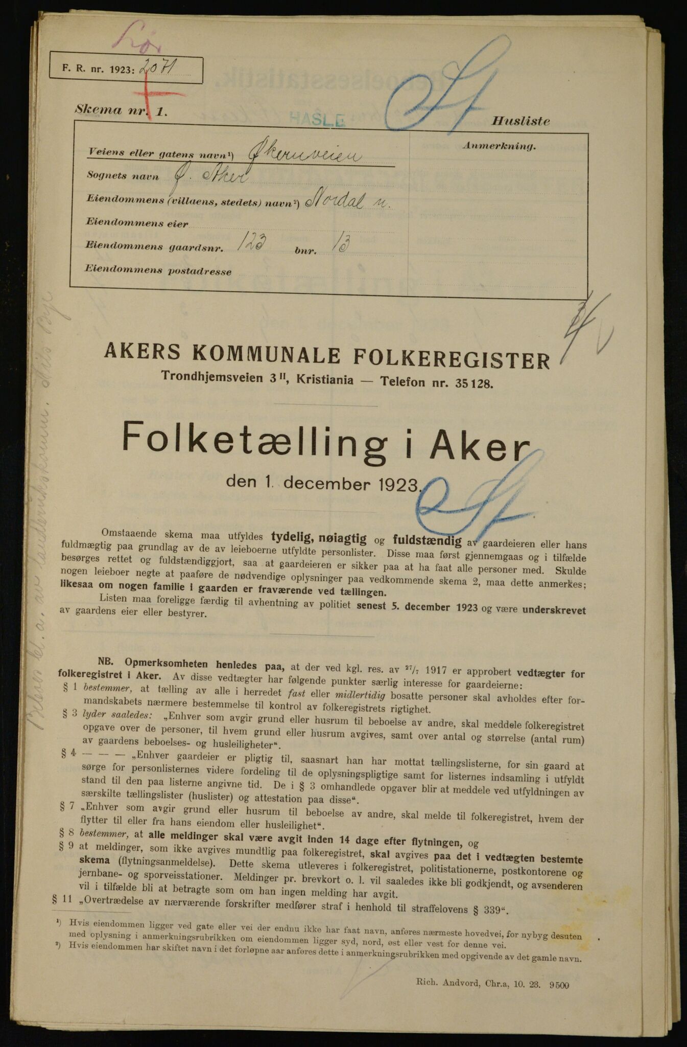 , Municipal Census 1923 for Aker, 1923, p. 35618