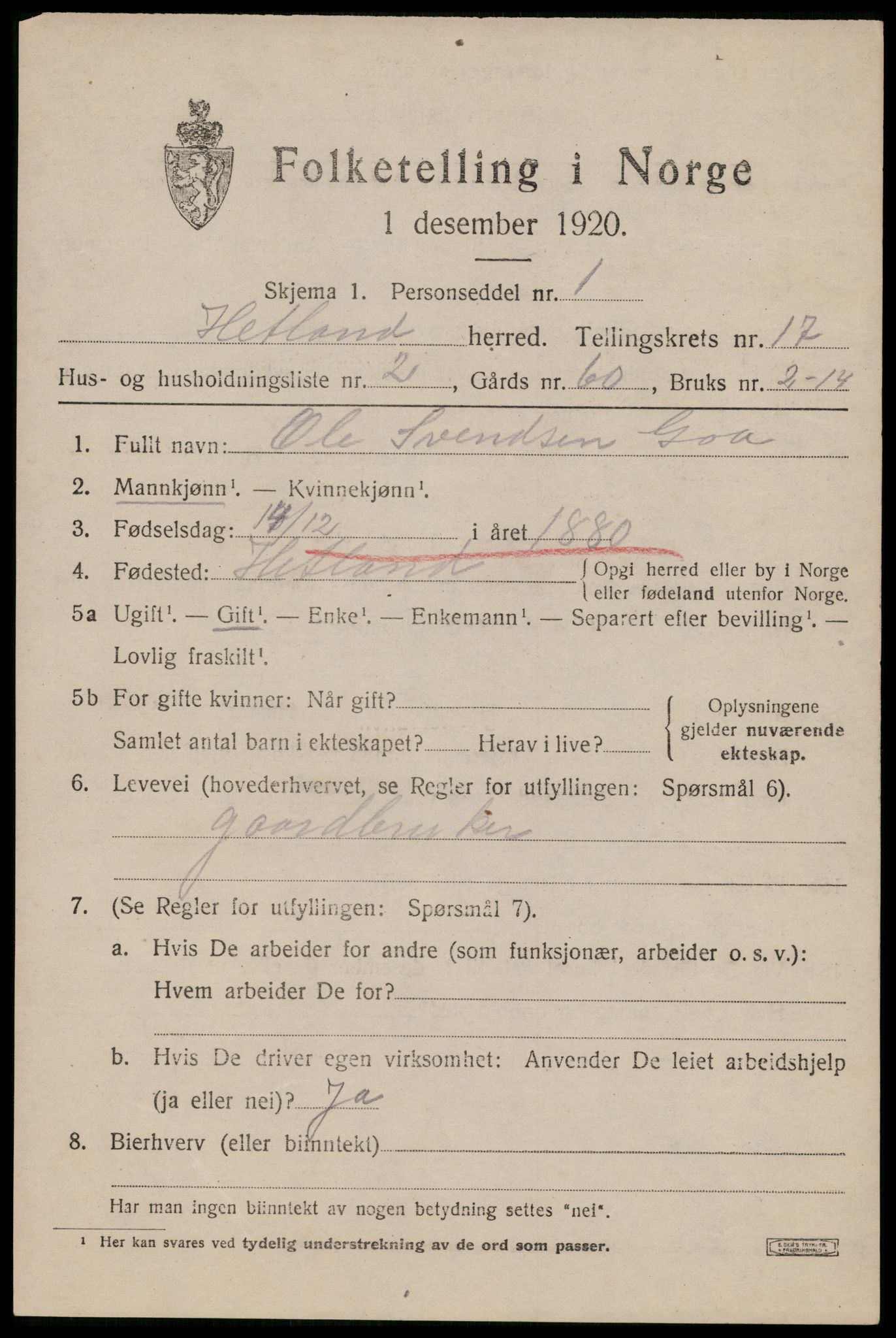 SAST, 1920 census for Hetland, 1920, p. 24551