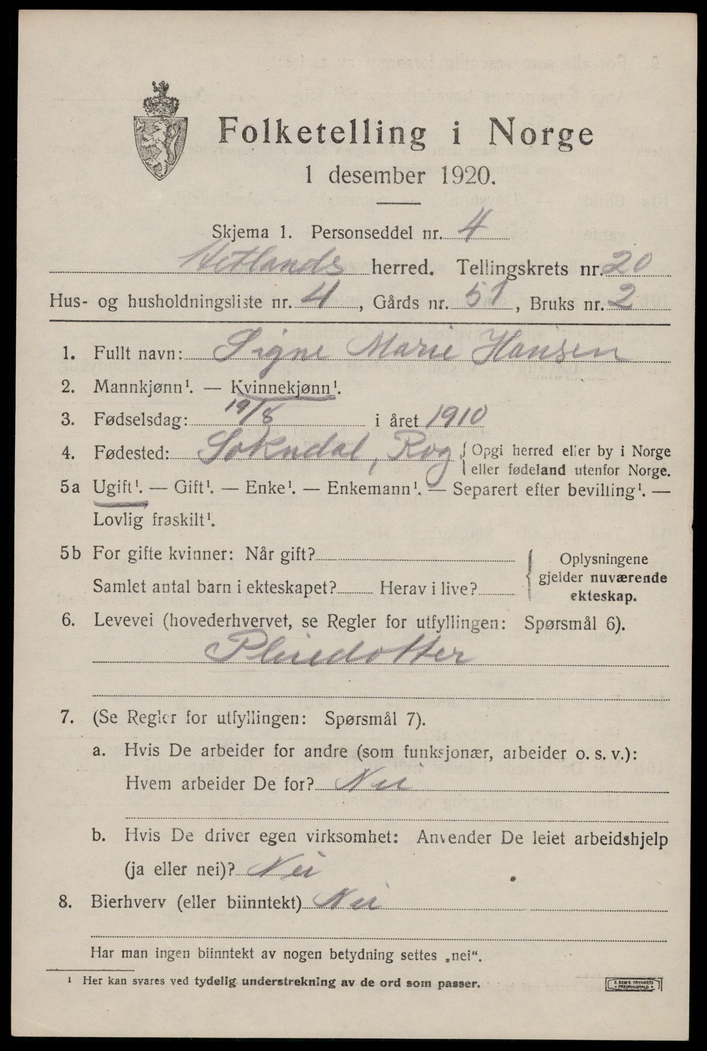 SAST, 1920 census for Hetland, 1920, p. 26493