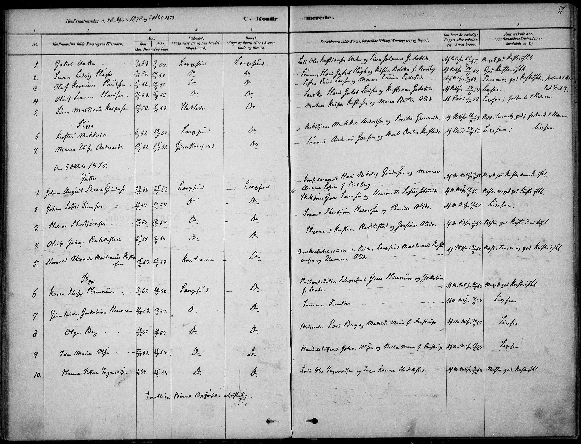 Langesund kirkebøker, SAKO/A-280/F/Fa/L0002: Parish register (official) no. 2, 1878-1892, p. 57