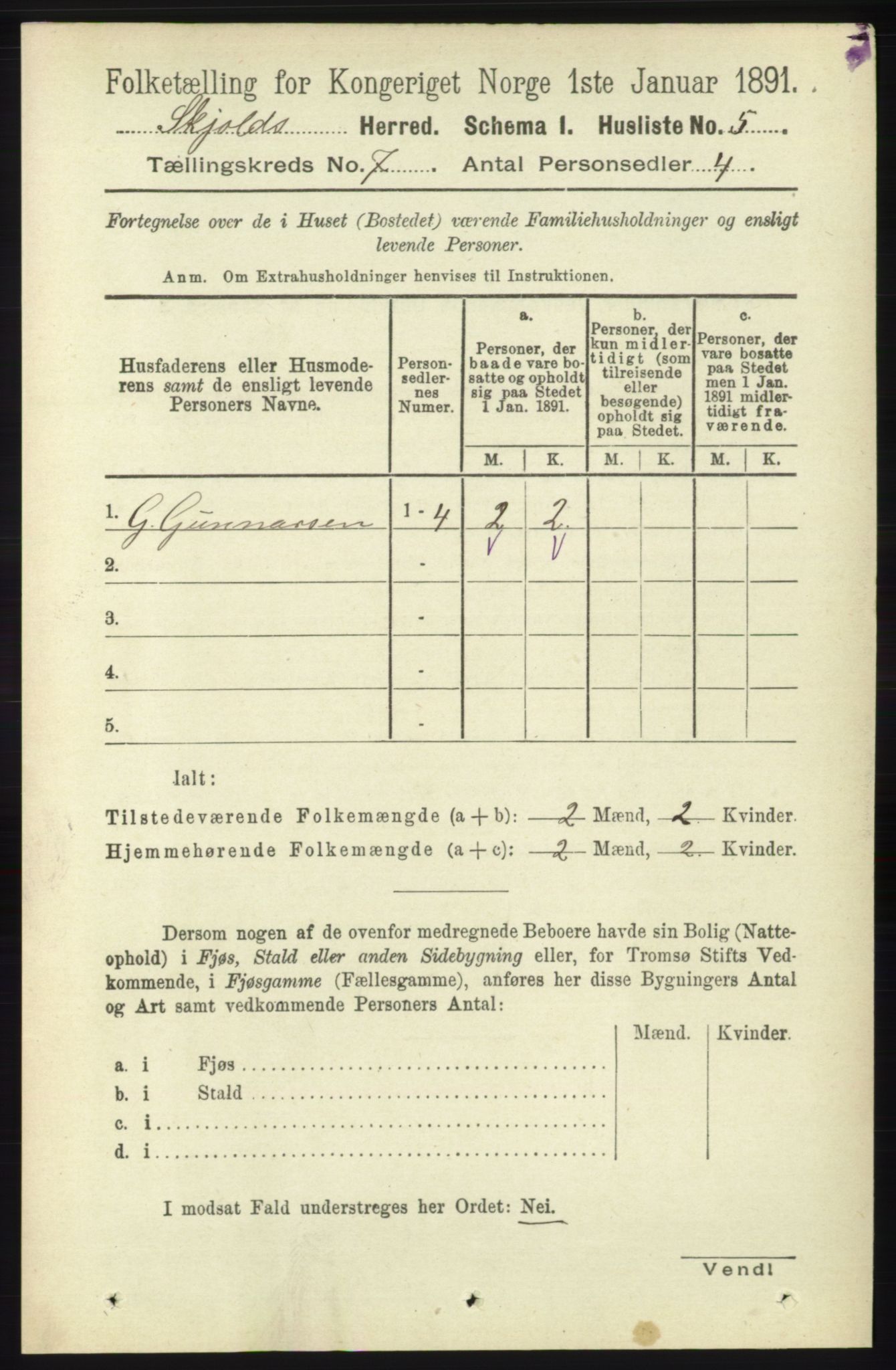 RA, 1891 census for 1154 Skjold, 1891, p. 1308