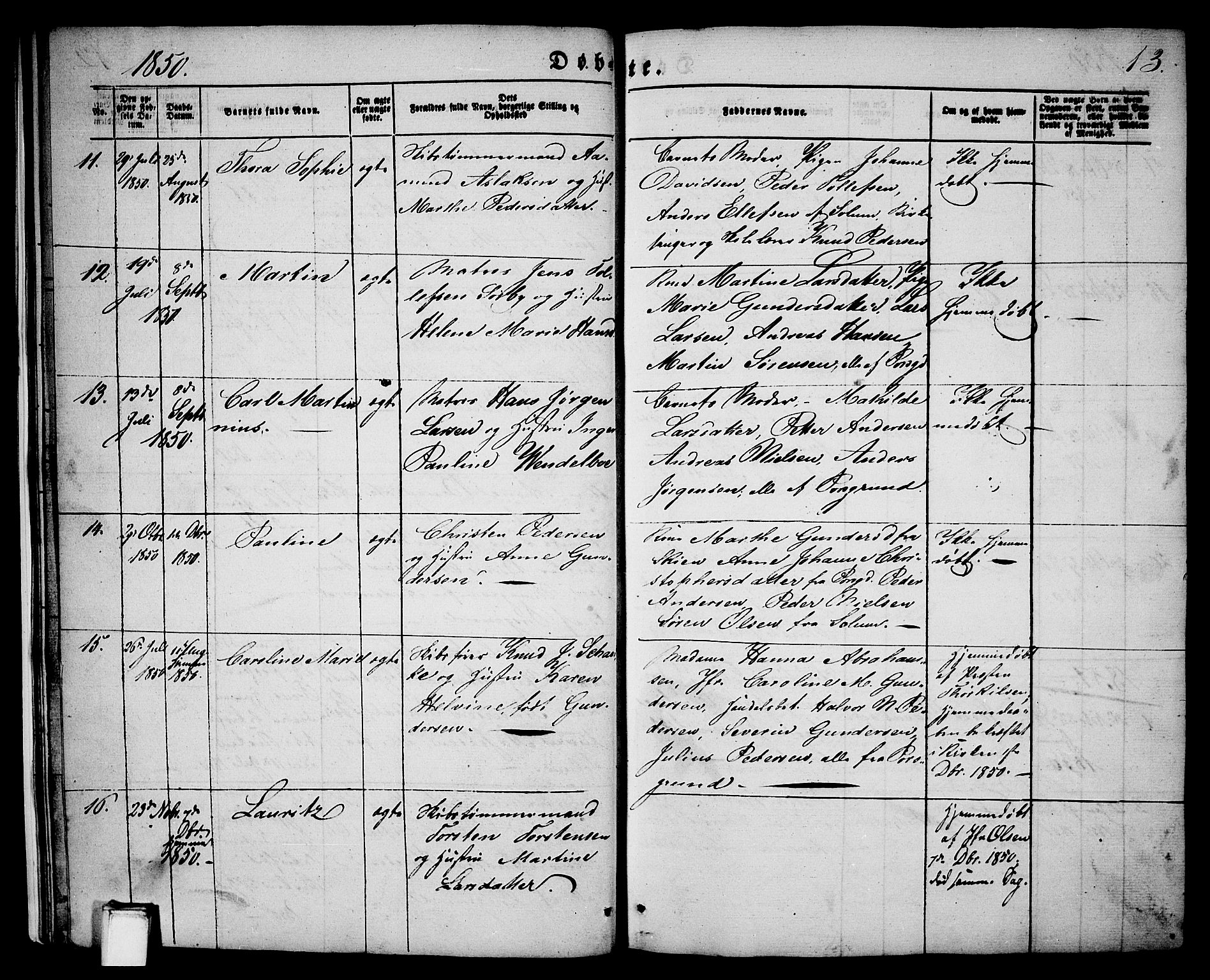 Porsgrunn kirkebøker , SAKO/A-104/G/Ga/L0002: Parish register (copy) no. I 2, 1847-1877, p. 13