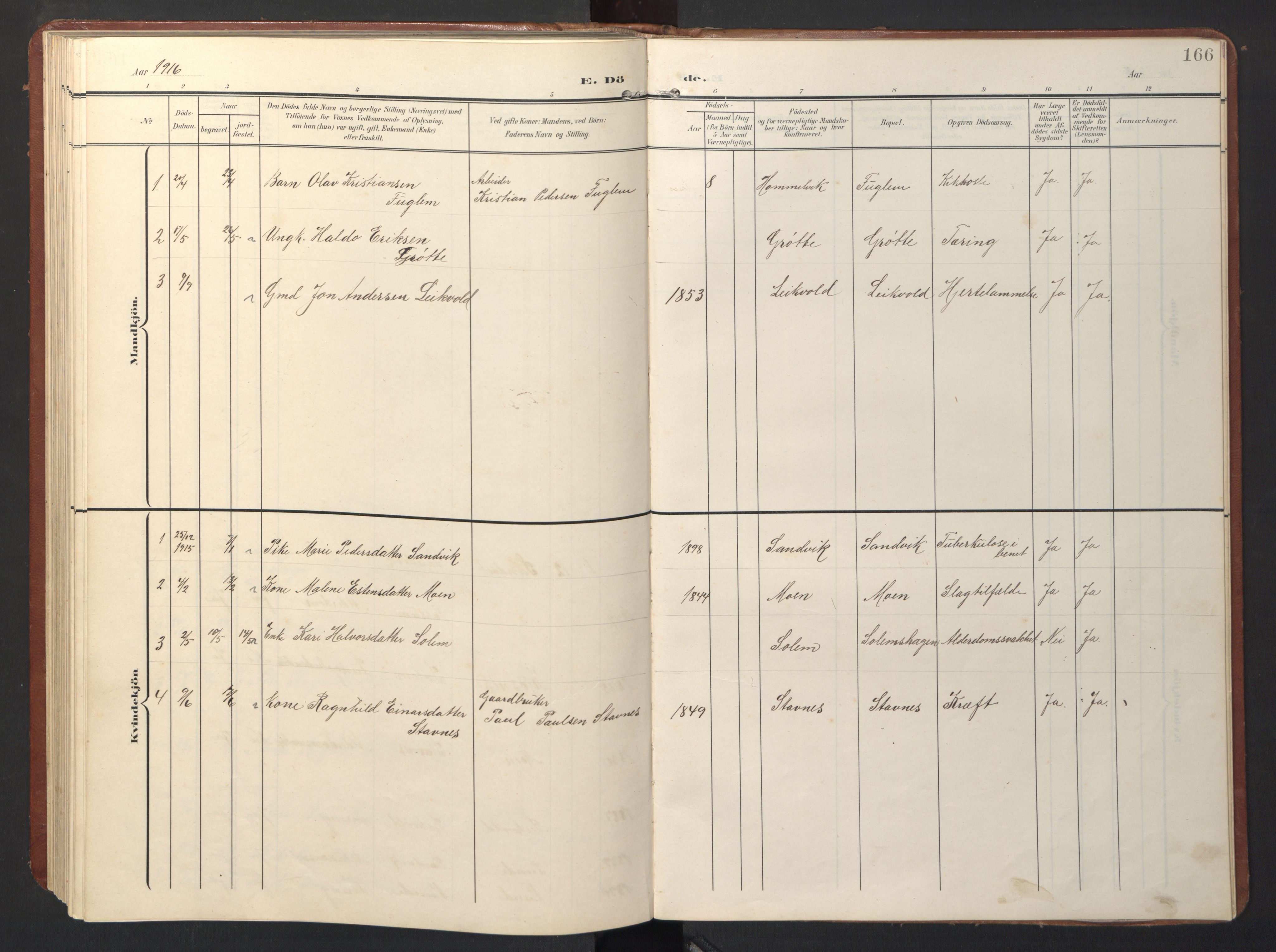 Ministerialprotokoller, klokkerbøker og fødselsregistre - Sør-Trøndelag, SAT/A-1456/696/L1161: Parish register (copy) no. 696C01, 1902-1950, p. 166