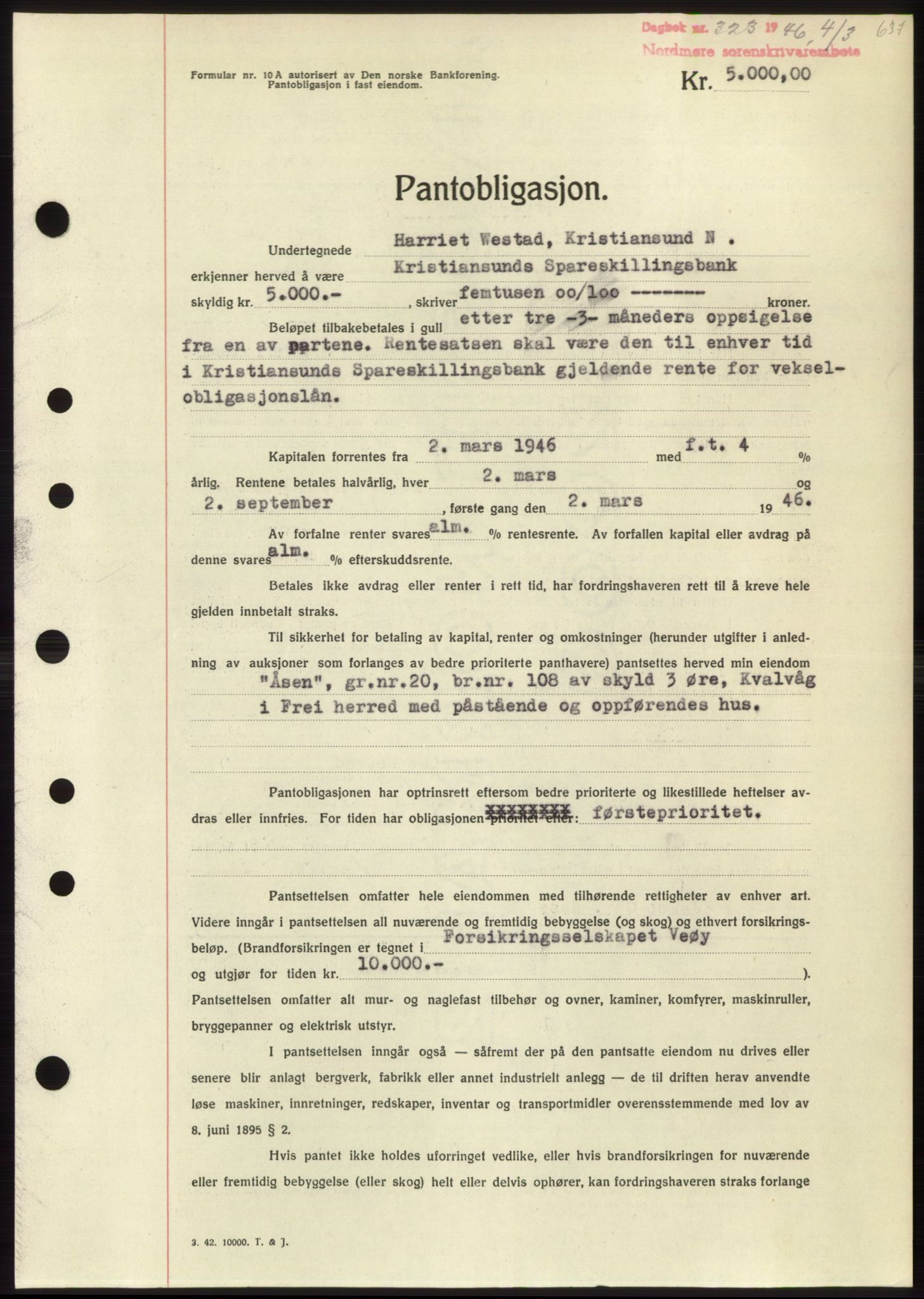 Nordmøre sorenskriveri, AV/SAT-A-4132/1/2/2Ca: Mortgage book no. B93b, 1946-1946, Diary no: : 323/1946