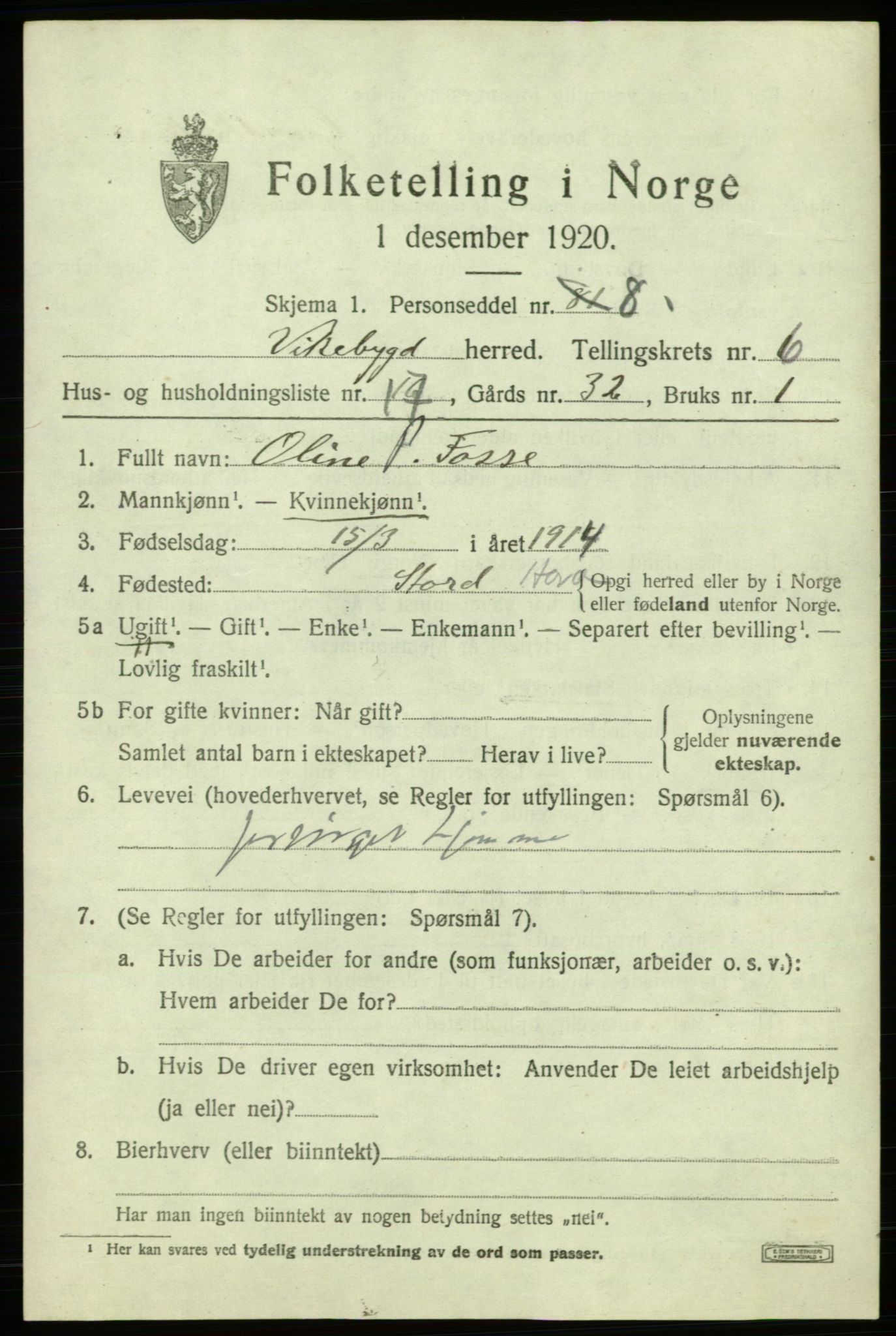 SAB, 1920 census for Vikebygd, 1920, p. 2341