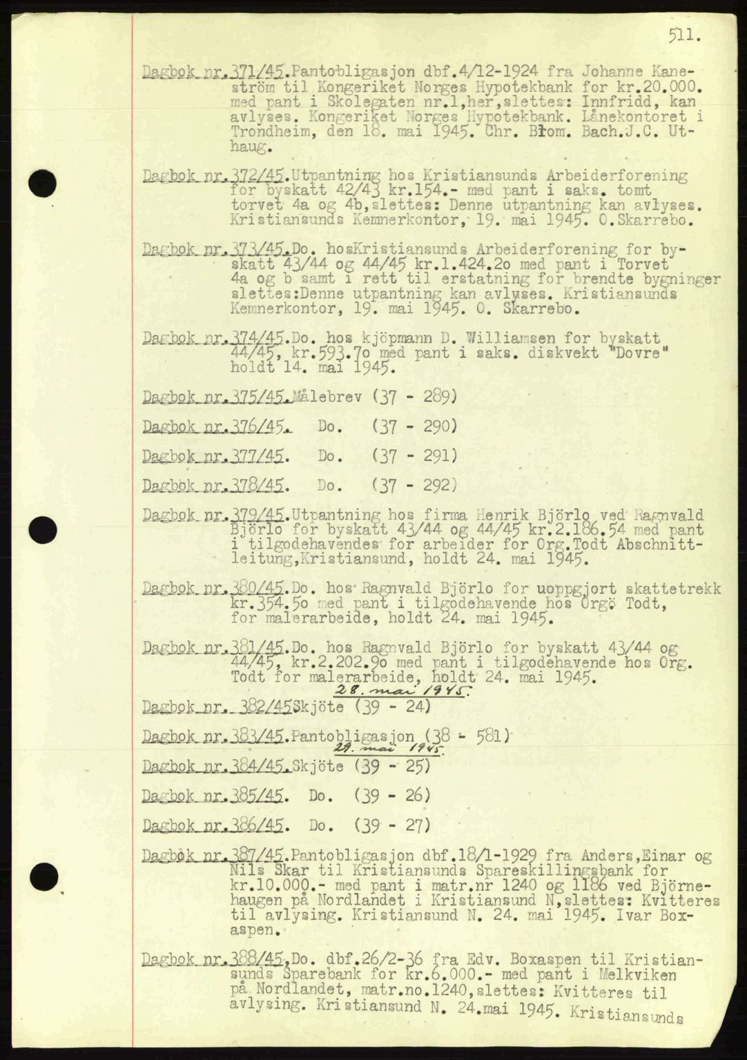 Kristiansund byfogd, AV/SAT-A-4587/A/27: Mortgage book no. 32a, 1938-1946, Diary no: : 374/1945