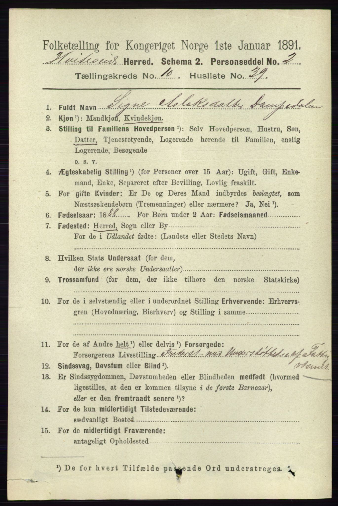 RA, 1891 census for 0829 Kviteseid, 1891, p. 2496