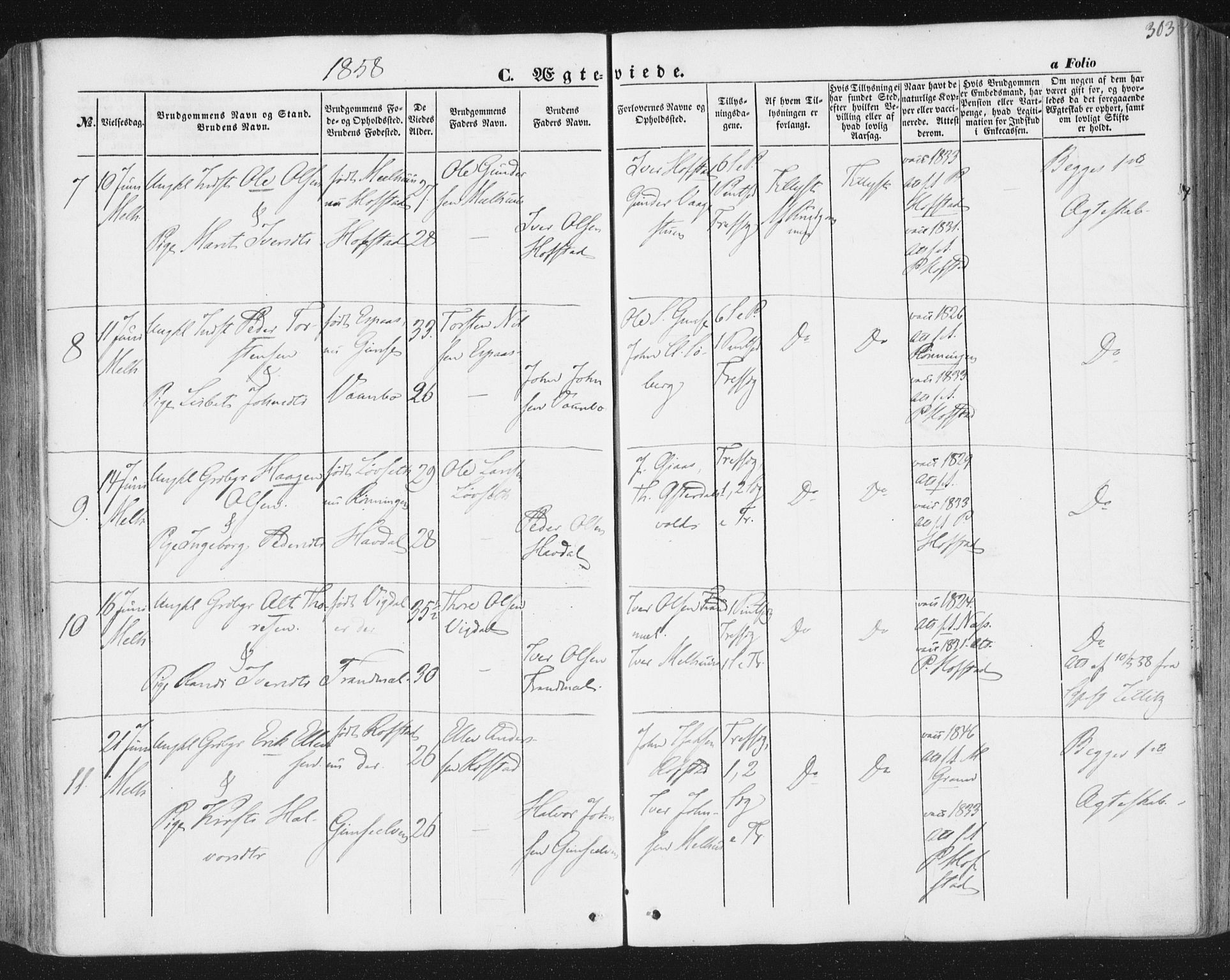 Ministerialprotokoller, klokkerbøker og fødselsregistre - Sør-Trøndelag, AV/SAT-A-1456/691/L1076: Parish register (official) no. 691A08, 1852-1861, p. 303