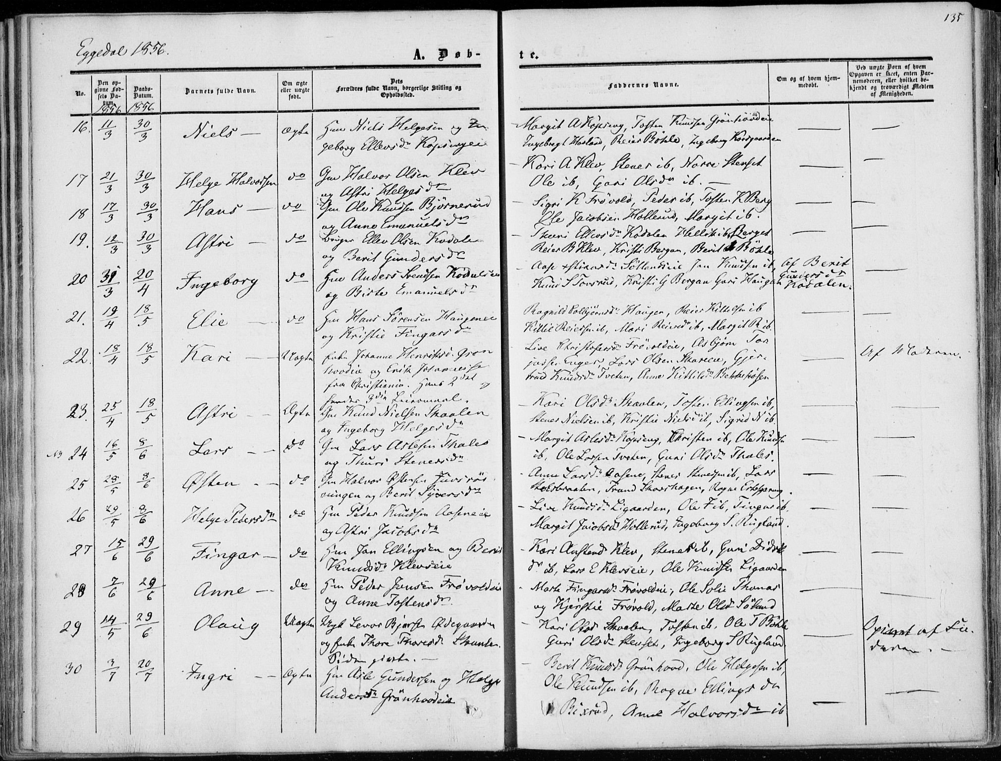 Sigdal kirkebøker, SAKO/A-245/F/Fa/L0008: Parish register (official) no. I 8, 1850-1859, p. 135