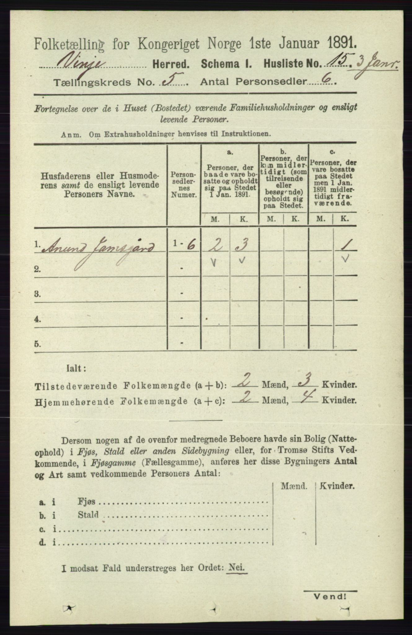 RA, 1891 census for 0834 Vinje, 1891, p. 1020