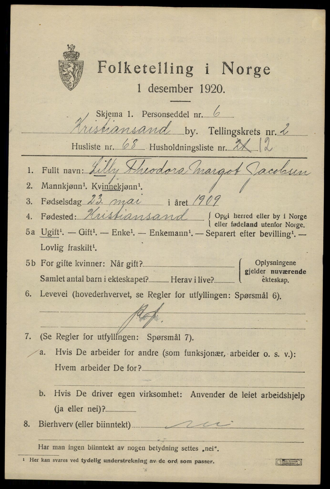 SAK, 1920 census for Kristiansand, 1920, p. 41659