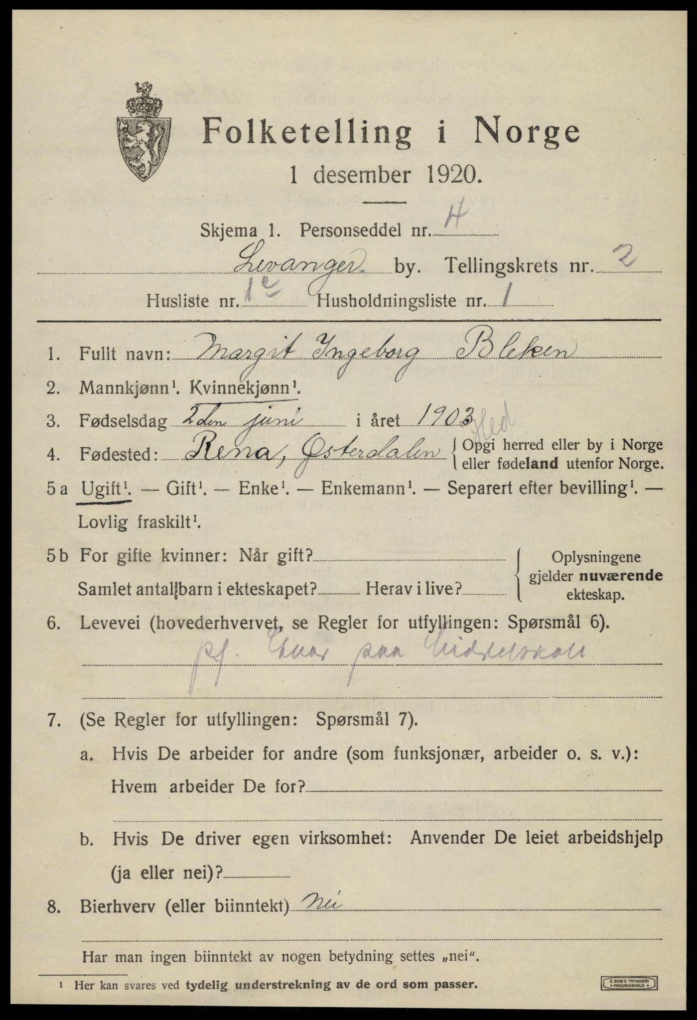 SAT, 1920 census for Levanger town, 1920, p. 2810