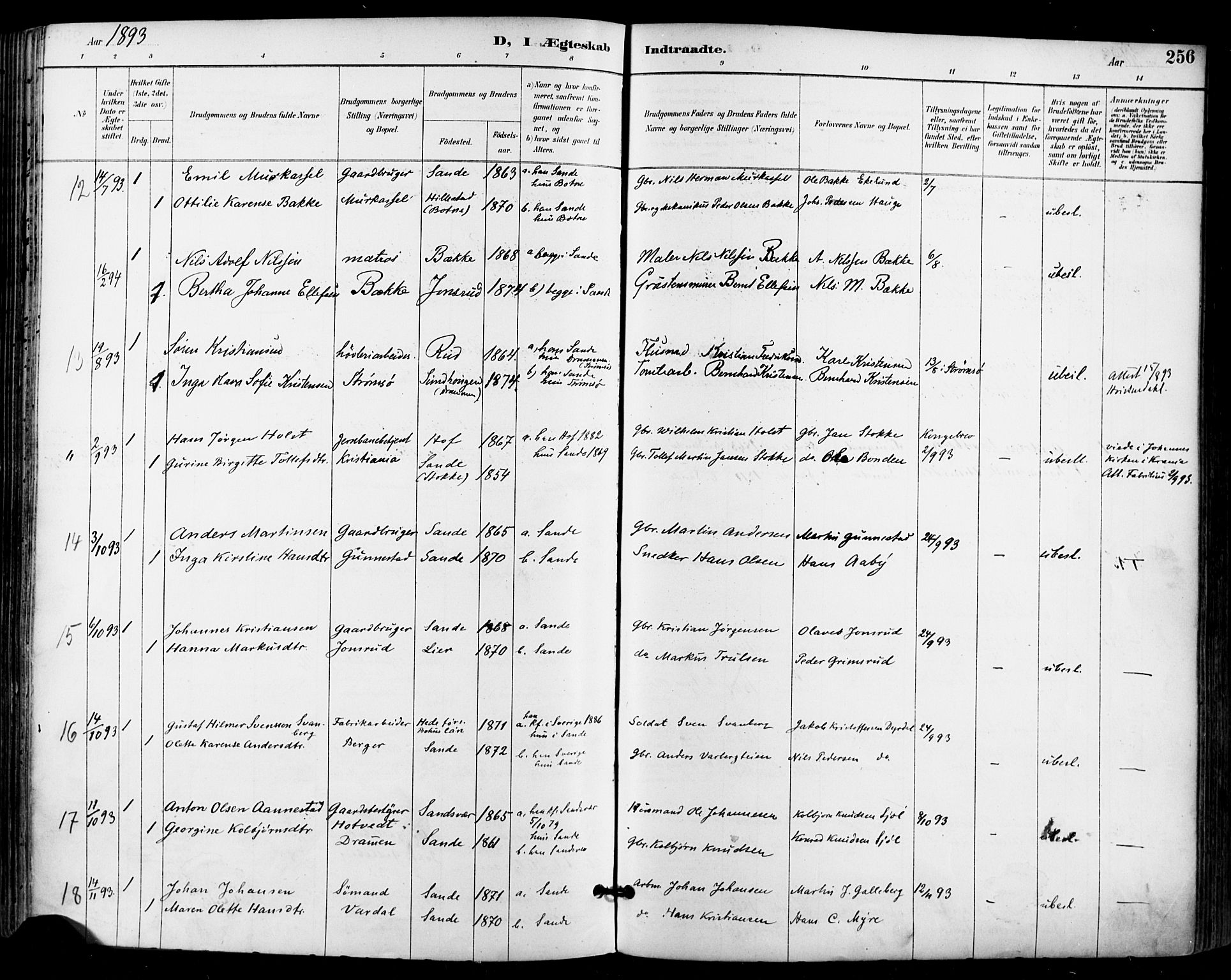 Sande Kirkebøker, AV/SAKO-A-53/F/Fa/L0007: Parish register (official) no. 7, 1888-1903, p. 256