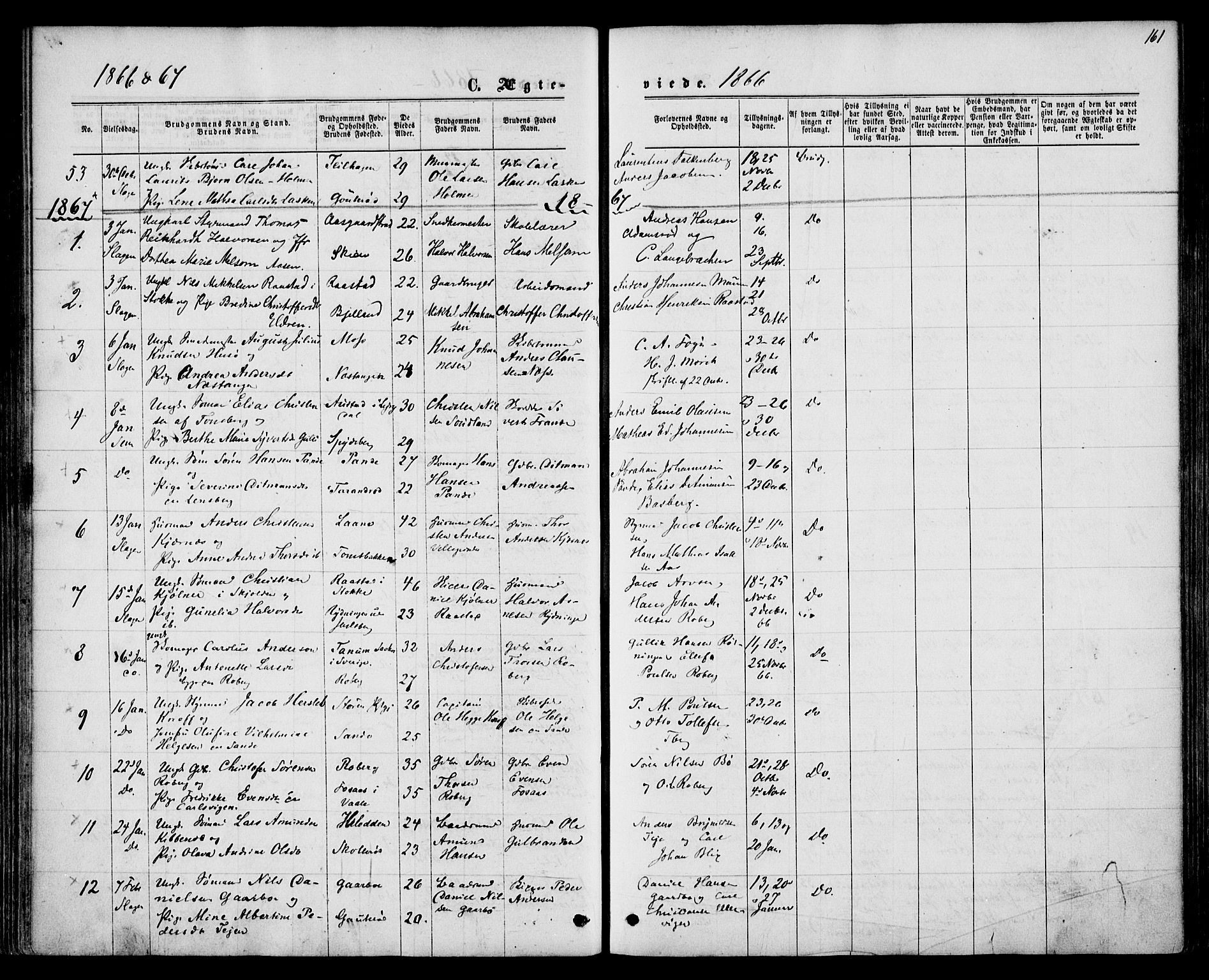 Sem kirkebøker, SAKO/A-5/F/Fa/L0008: Parish register (official) no. I 8, 1866-1873, p. 161