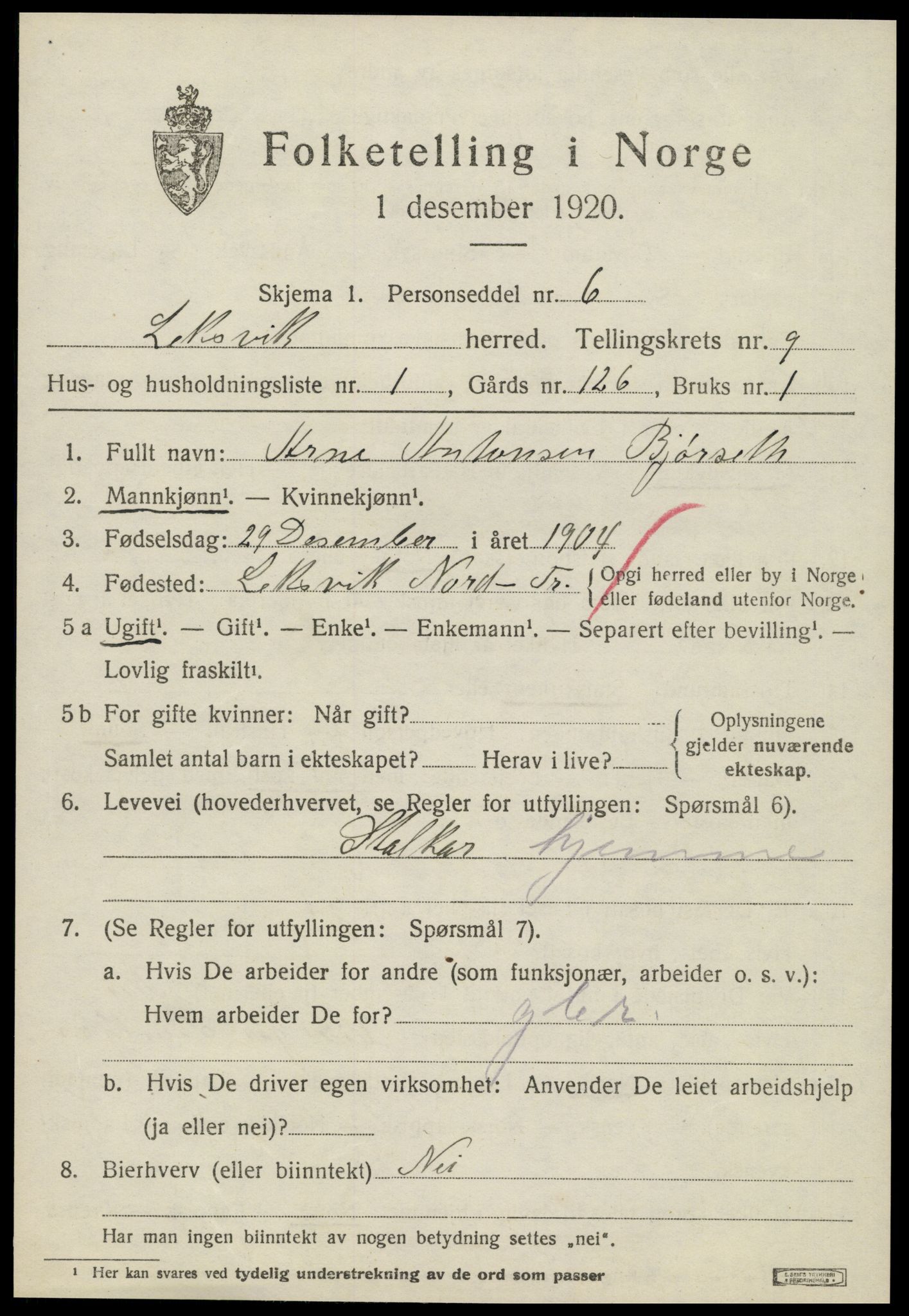 SAT, 1920 census for Leksvik, 1920, p. 6878