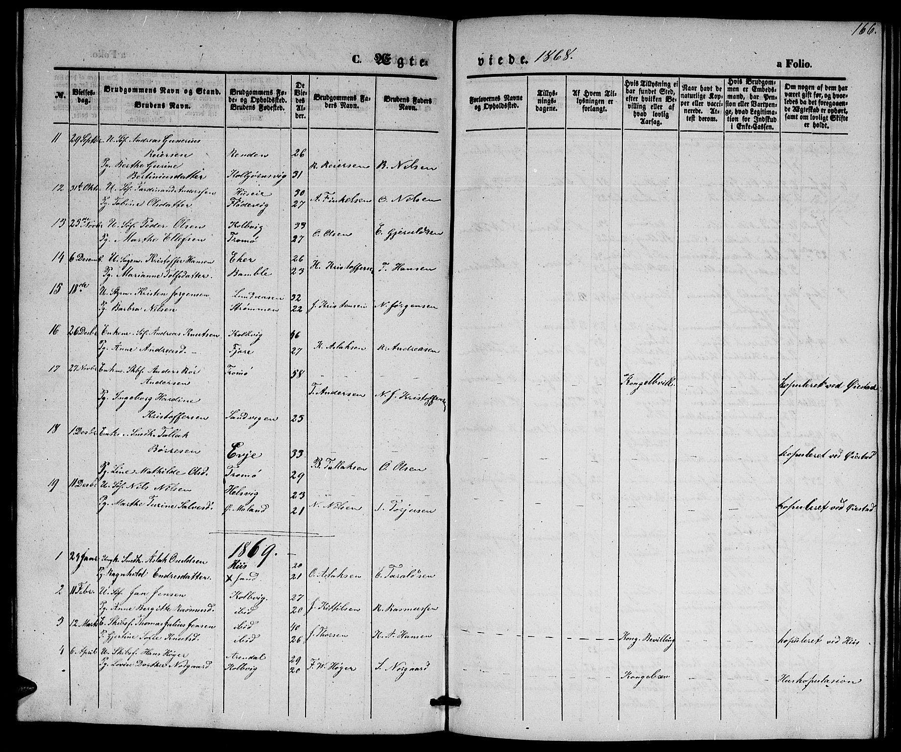 Hisøy sokneprestkontor, SAK/1111-0020/F/Fb/L0001: Parish register (copy) no. B 1, 1849-1872, p. 166