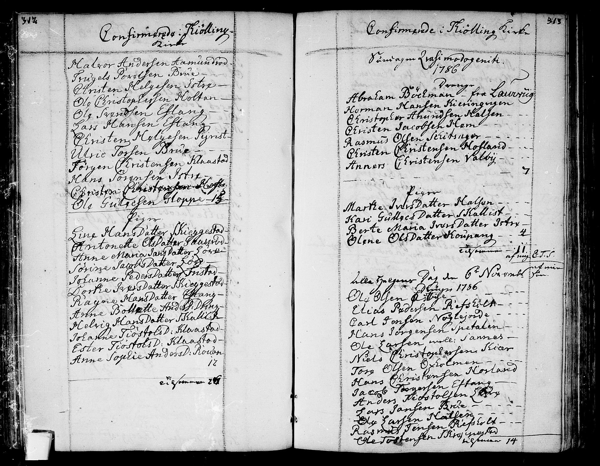 Tjølling kirkebøker, SAKO/A-60/F/Fa/L0004: Parish register (official) no. 4, 1779-1817, p. 312-313