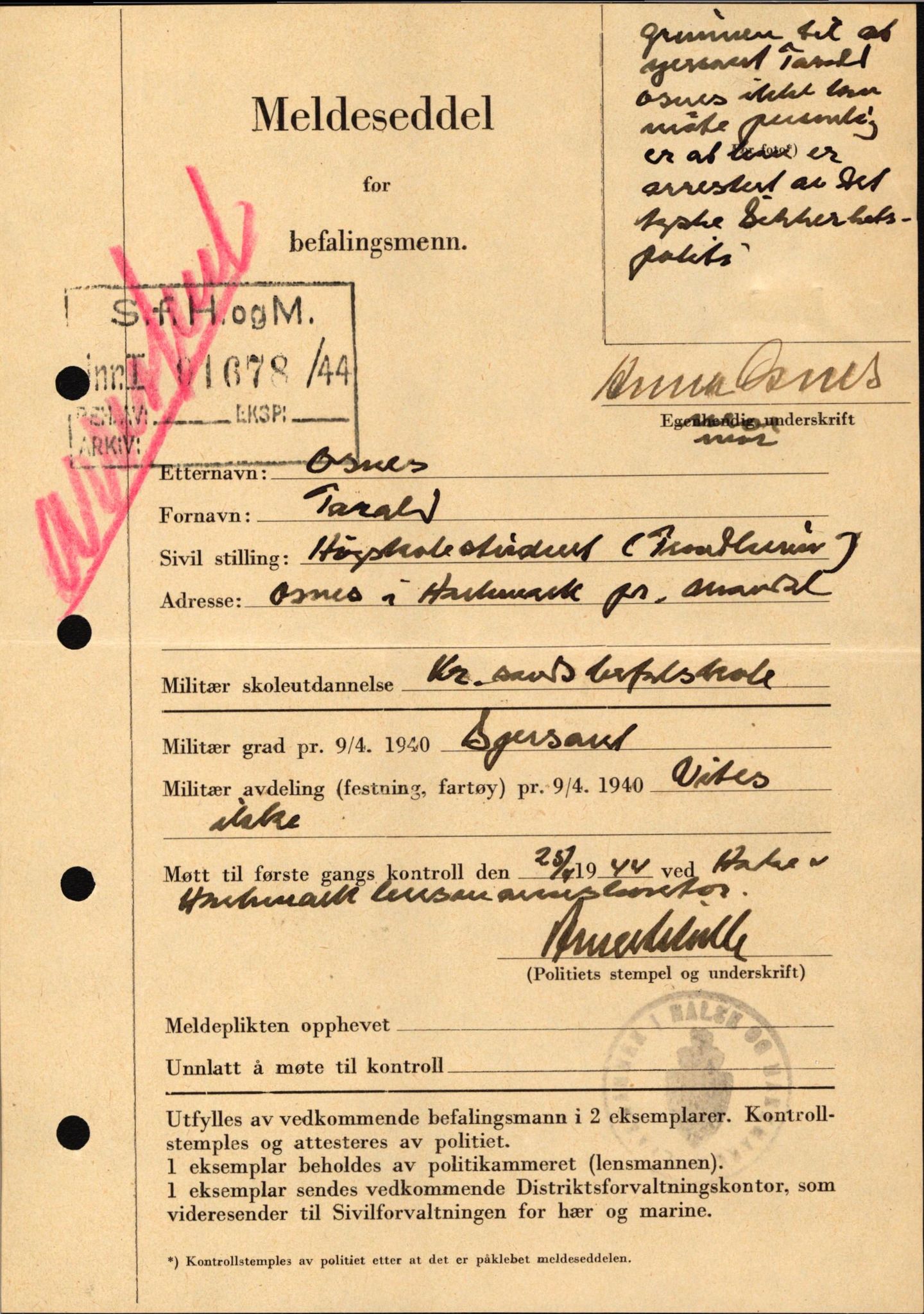 Forsvaret, Forsvarets krigshistoriske avdeling, AV/RA-RAFA-2017/Y/Yf/L0209: II-C-11-2121  -  Okkupasjonstiden.  Meldesedler for befal med foto og oppl. om militær grad 9. apr. 1940., 1944-1945, p. 487
