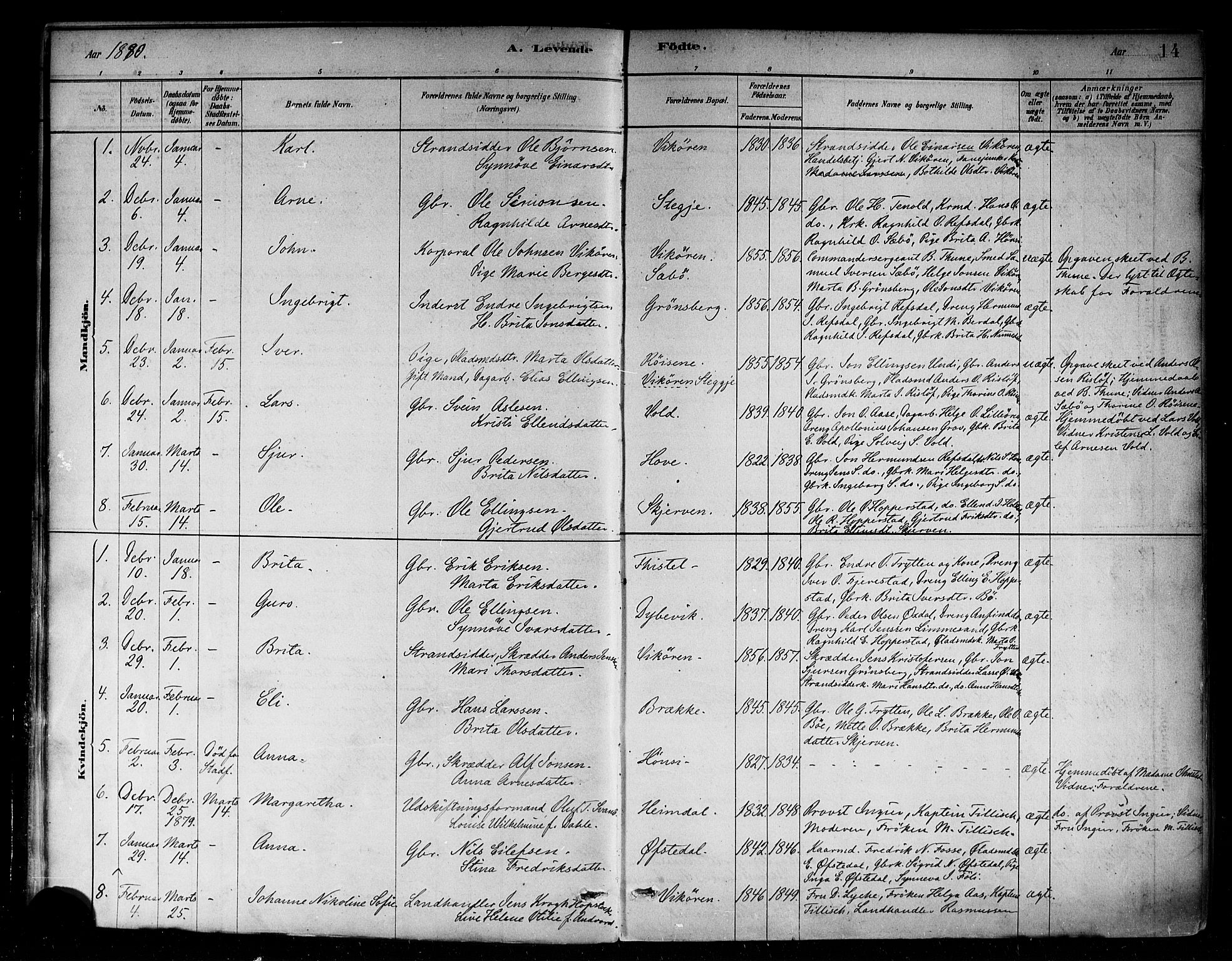 Vik sokneprestembete, SAB/A-81501: Parish register (official) no. B 1, 1878-1890, p. 14