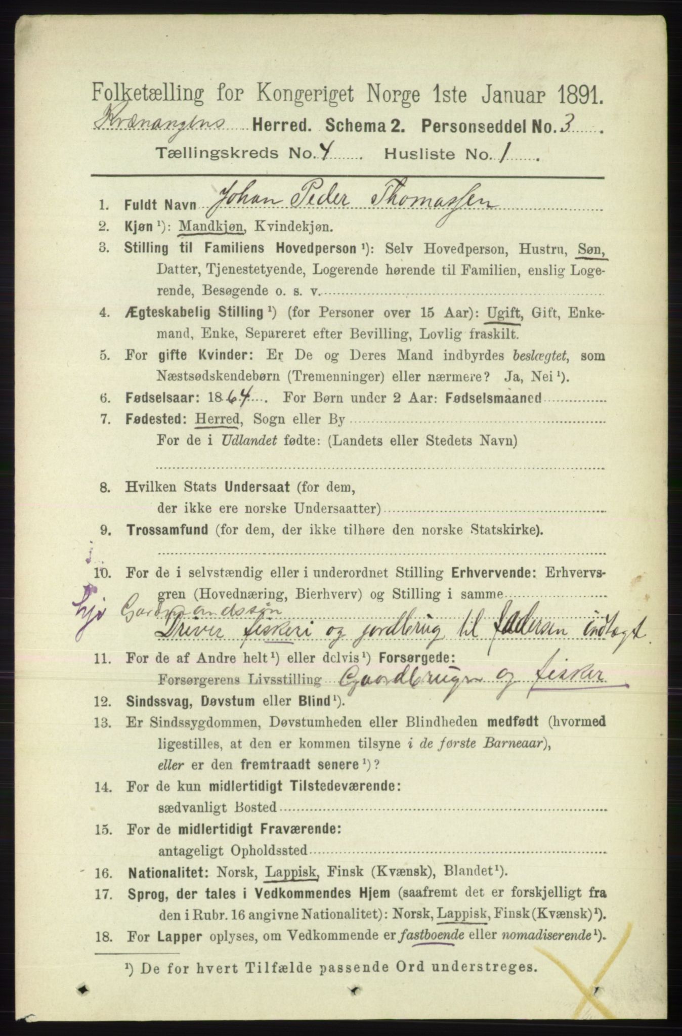 RA, 1891 census for 1943 Kvænangen, 1891, p. 1544