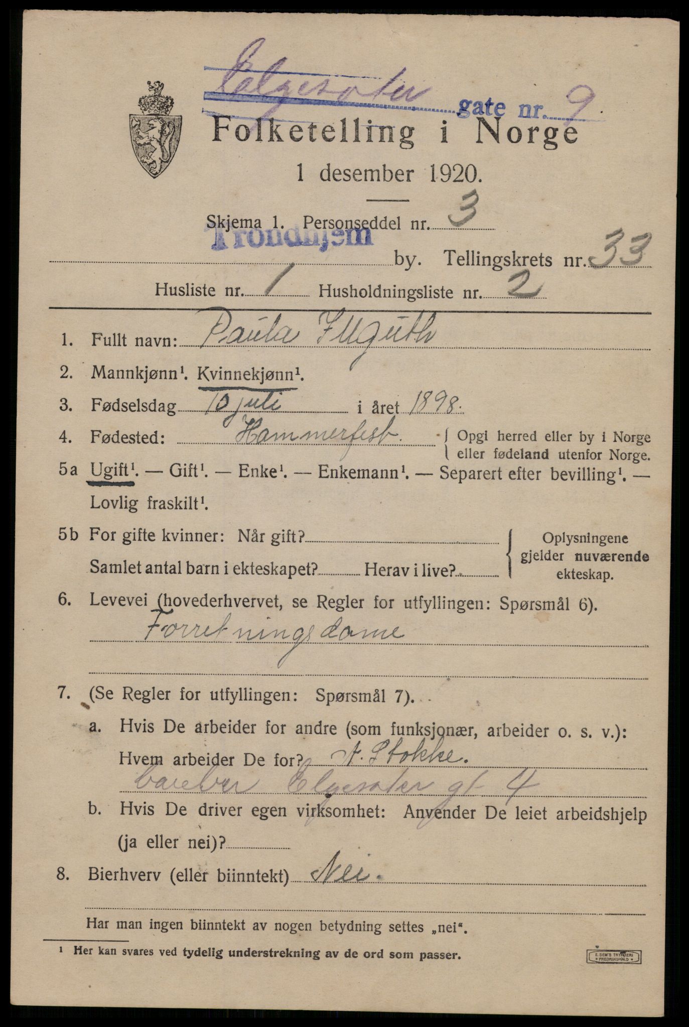 SAT, 1920 census for Trondheim, 1920, p. 78036