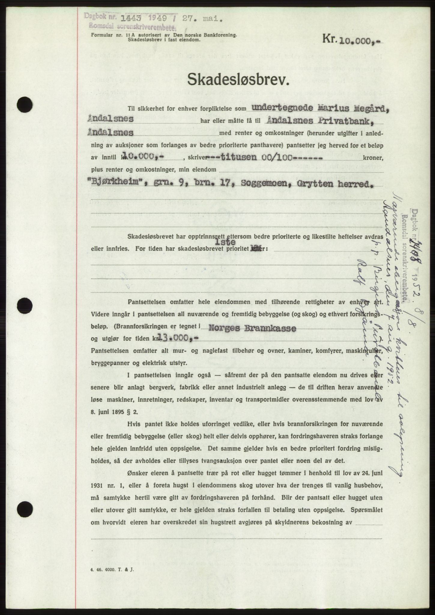 Romsdal sorenskriveri, AV/SAT-A-4149/1/2/2C: Mortgage book no. B4, 1948-1949, Diary no: : 1443/1949