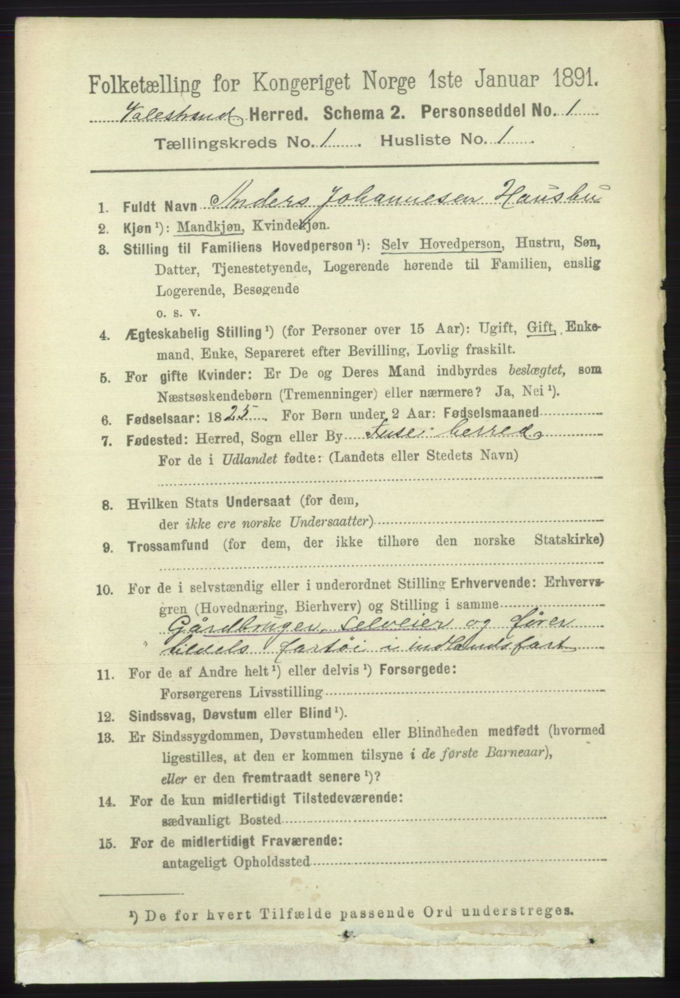 RA, 1891 census for 1217 Valestrand, 1891, p. 54