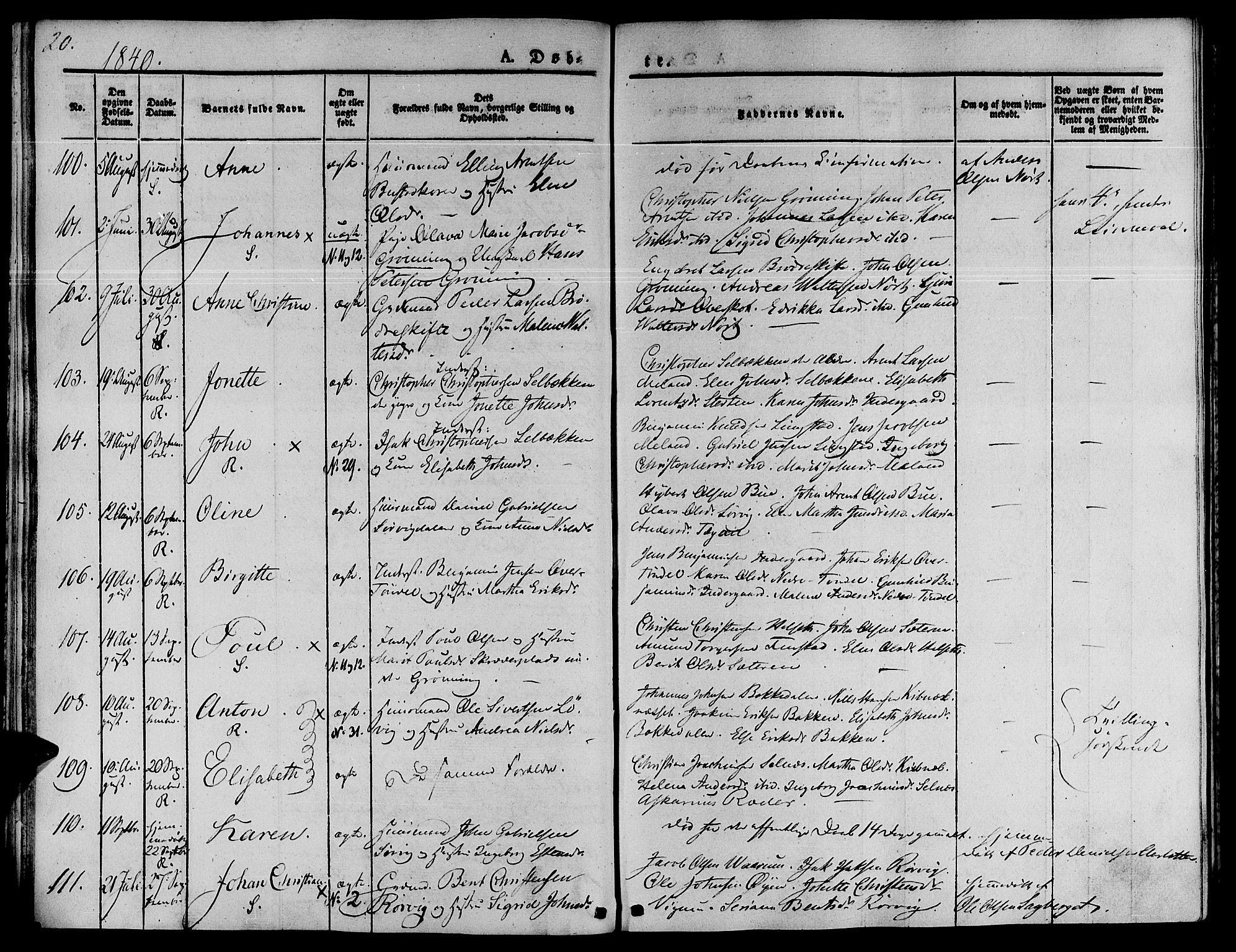 Ministerialprotokoller, klokkerbøker og fødselsregistre - Sør-Trøndelag, SAT/A-1456/646/L0610: Parish register (official) no. 646A08, 1837-1847, p. 20