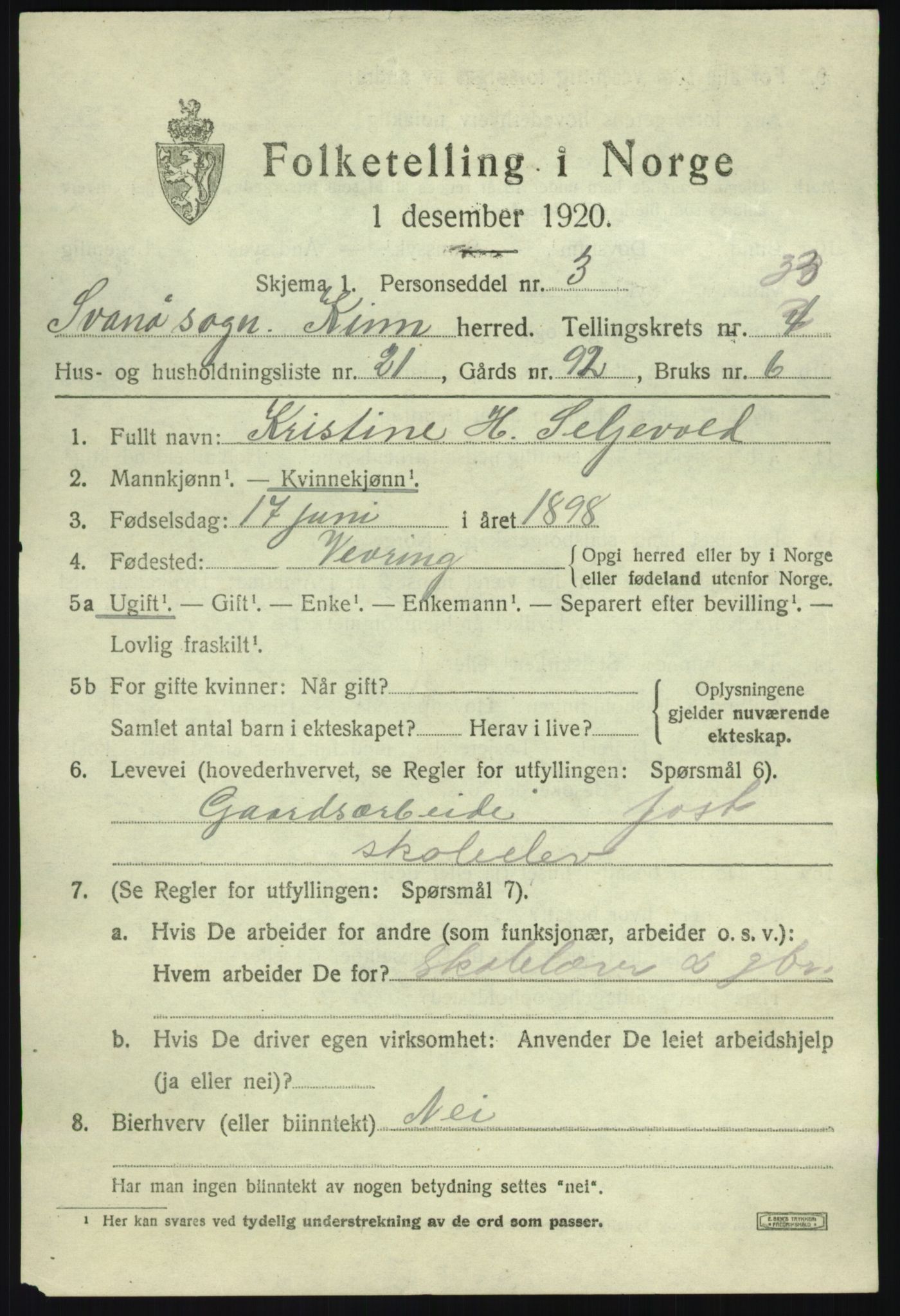 SAB, 1920 census for Kinn, 1920, p. 11133