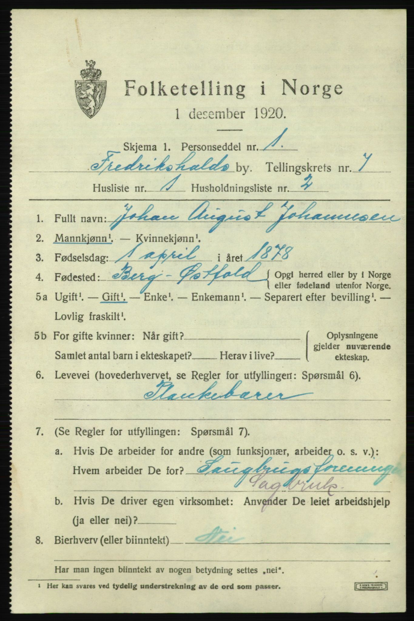 SAO, 1920 census for Fredrikshald, 1920, p. 13791