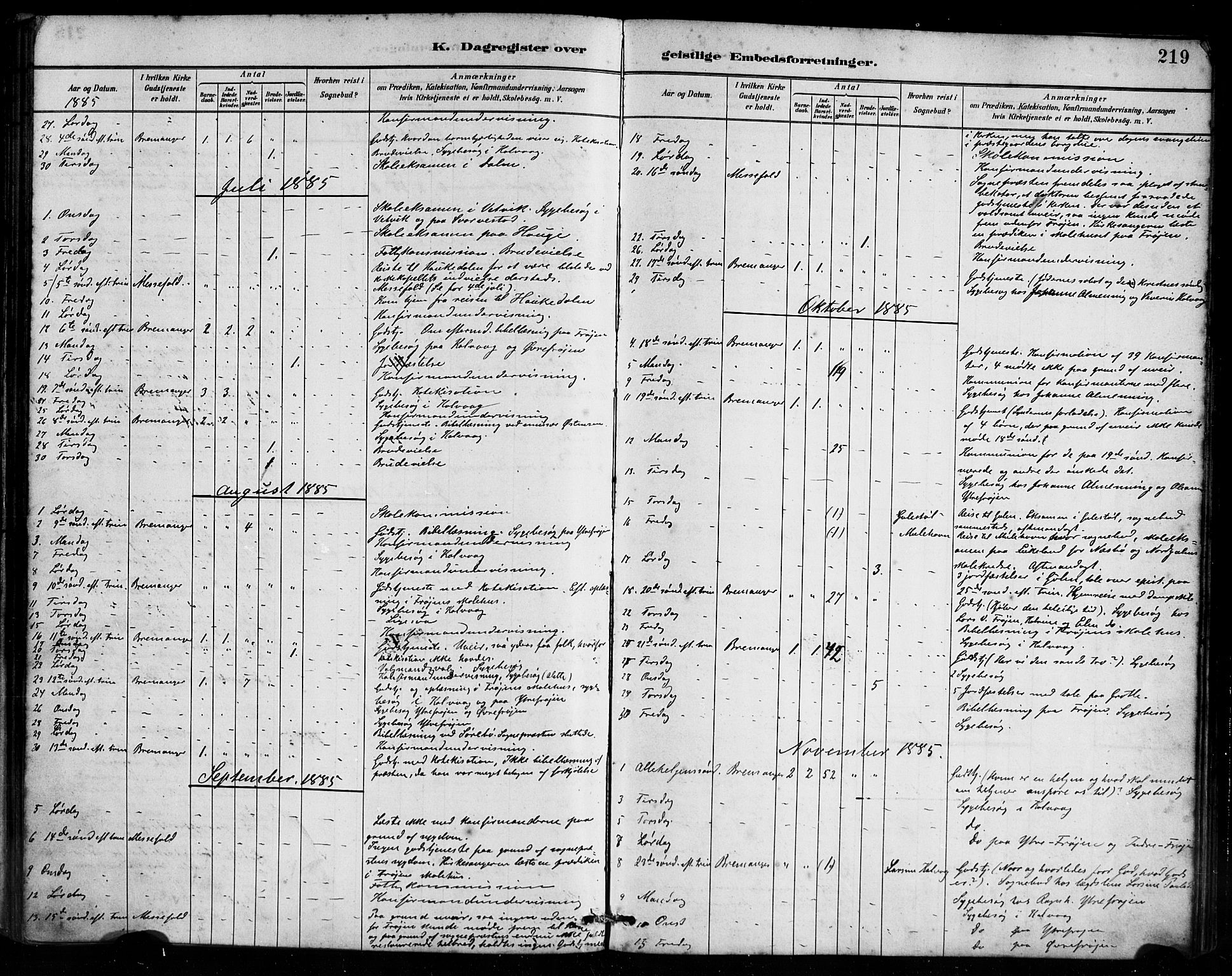 Bremanger sokneprestembete, SAB/A-82201/H/Haa/Haab/L0001: Parish register (official) no. B 1, 1884-1895, p. 219