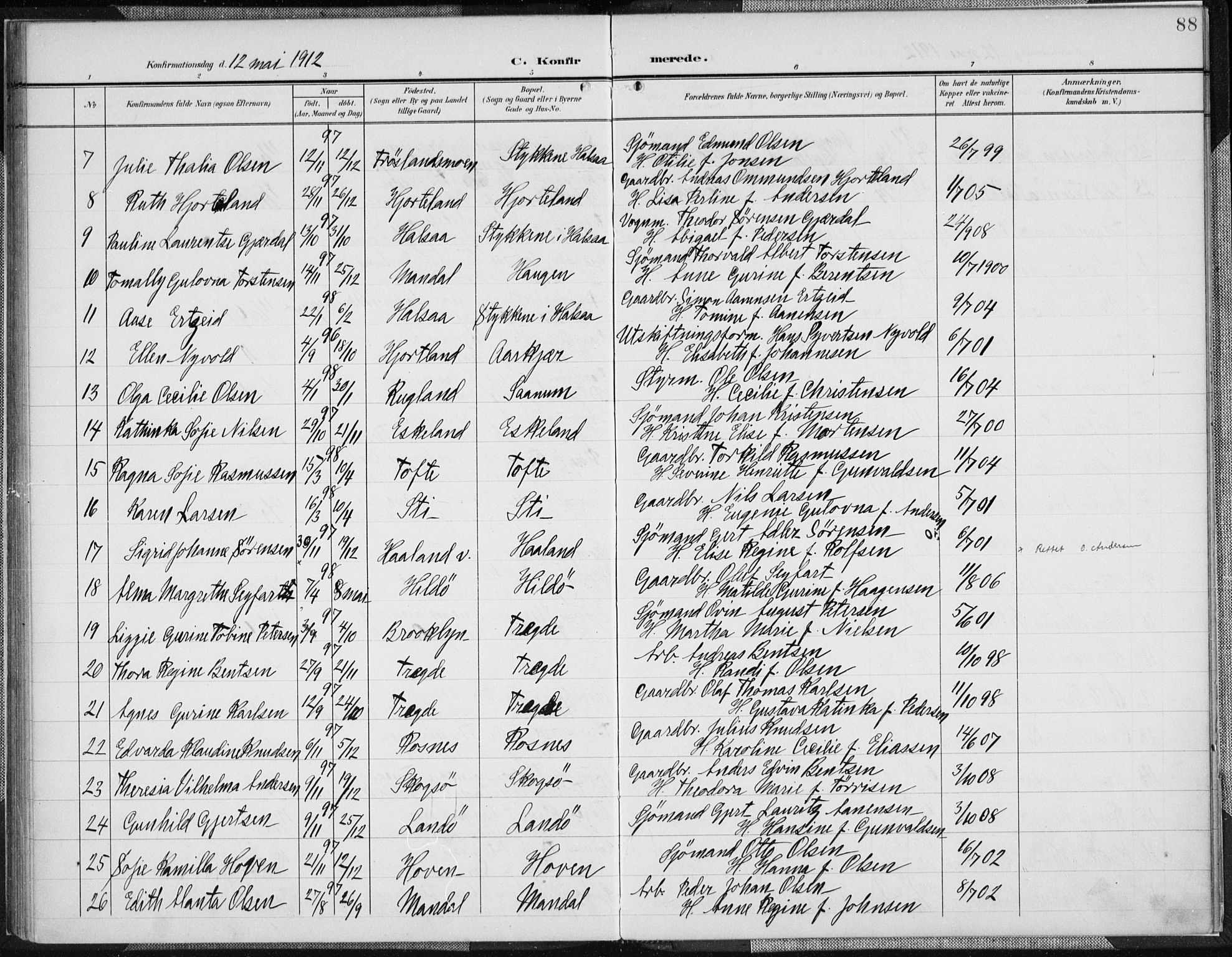 Mandal sokneprestkontor, AV/SAK-1111-0030/F/Fa/Faa/L0019: Parish register (official) no. A 19, 1902-1912, p. 88